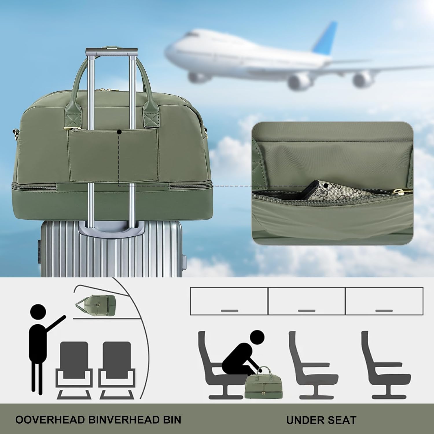 Travel Duffle Bag for Women, Weekender Bag with Shoe Compartment, Carry-On Personal Item, Nylon Gym Tote with Trolley Sleeve, Detachable Adjustable Shoulder Strap, Overnight Travel Tote Bag (Green)