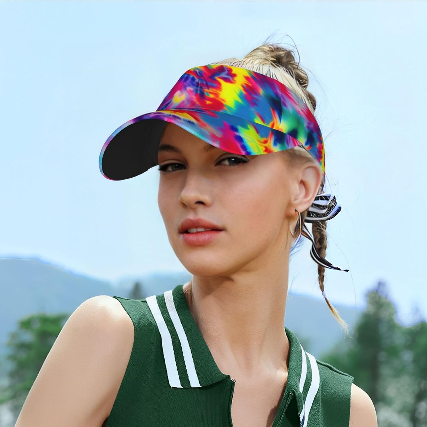 Tie Dye Pattern Print Sports Sun Visor Hats Adjustable Running Golf Tennis Sun Cap for Women Men Black