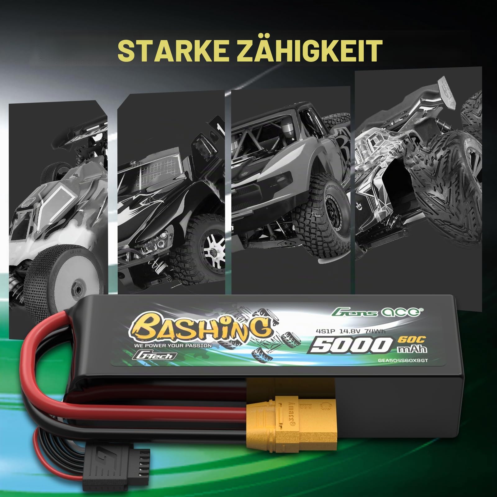 Gens Ace 4S 14,8V 5000mAh 60C LiPo Akku G-Tech mit XT90 Stecker, Bashing Serie für 1:8 & 1:10 RC Autos, Monster Trucks und Offroad-Modelle