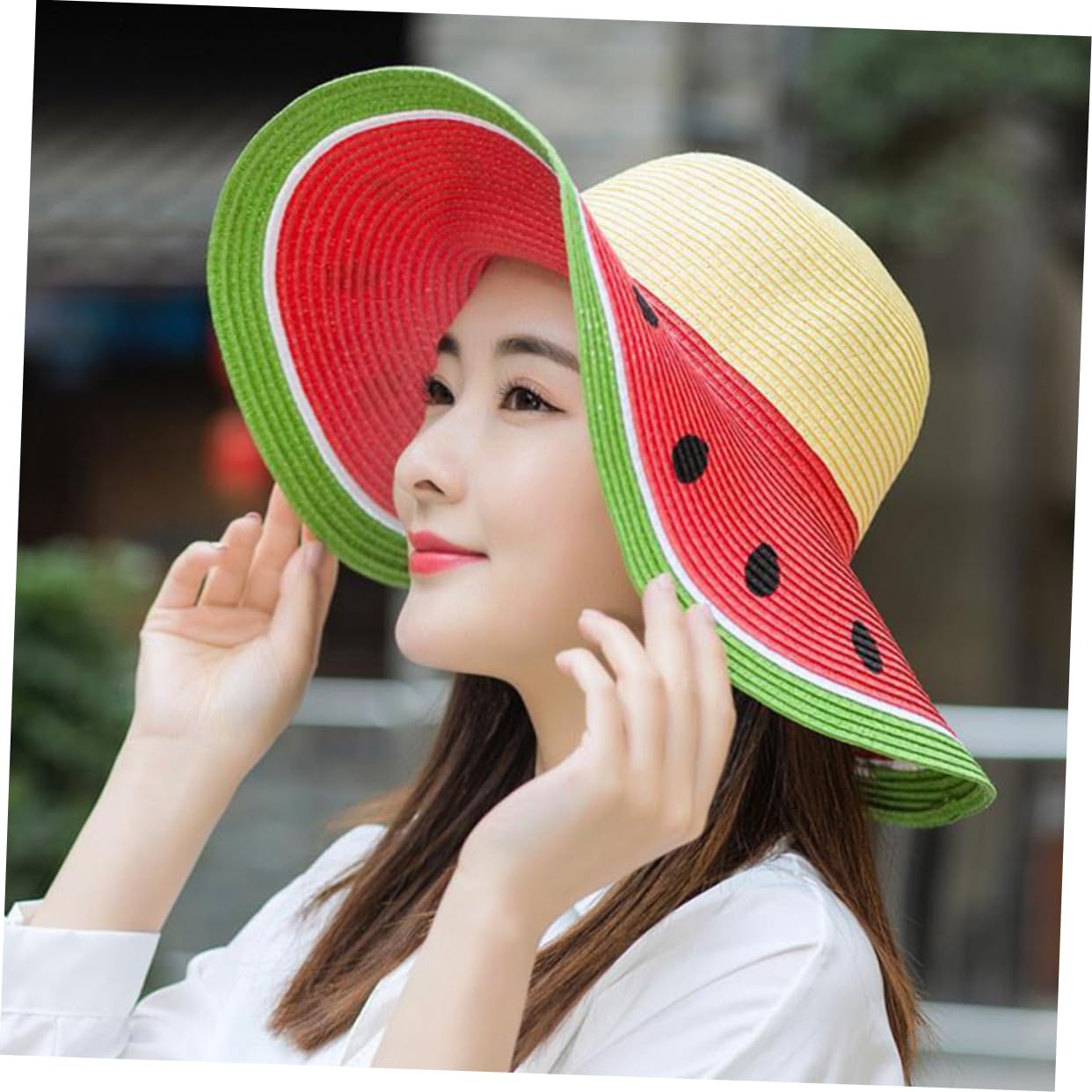 Abaodam Sombrero de Paja para Niña Diseño de Fruta Sandía, ala Ancha, Transpirable y Plegable para Actividades al Aire Libre en Verano