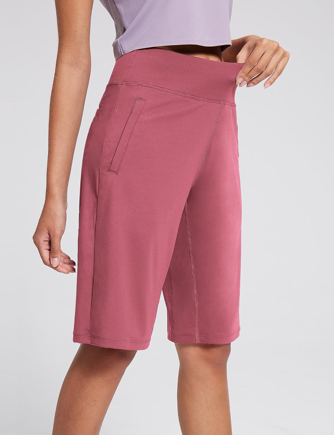 AJISAI Women's 9"/12" High Waisted Bermuda Shorts with Zippered Pockets Knee Length Long Shorts for Women Workout Athletic