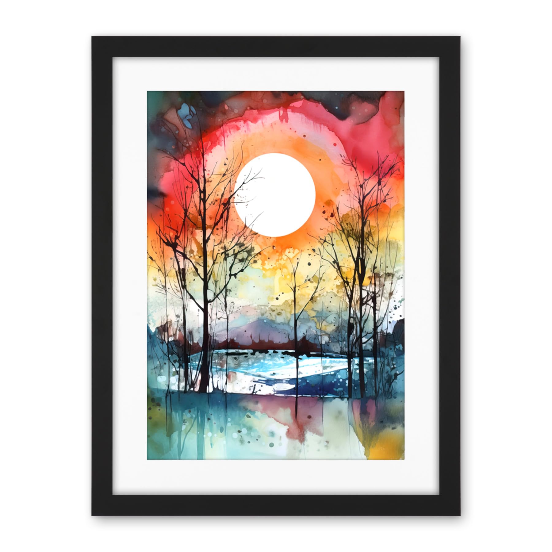 Artery8 Abstract Sunset Landscape Watercolour Painting Countryside Lake Autumn Trees Artwork Framed Wall Art Print 18X24 Inch