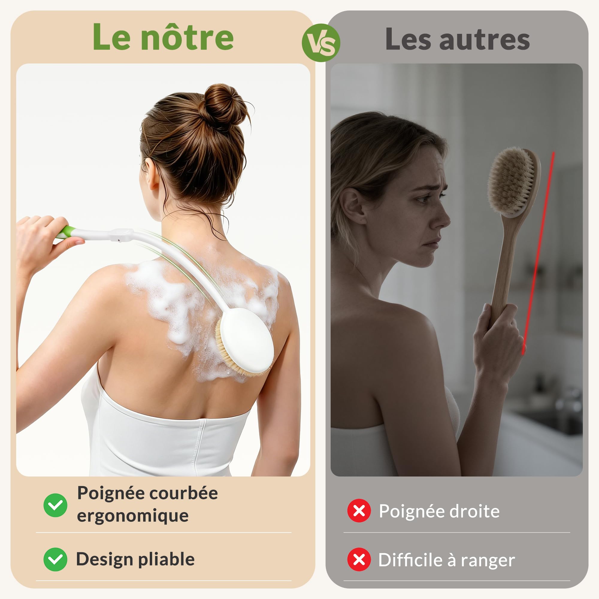 Brosse Dos Douche Pliable à Long Manche – Brosse pour le Dos Douches avec Poils Souples et Serviette Incluse, Brosses Douche Dos Ergonomique pour Nettoyage Corps Entier