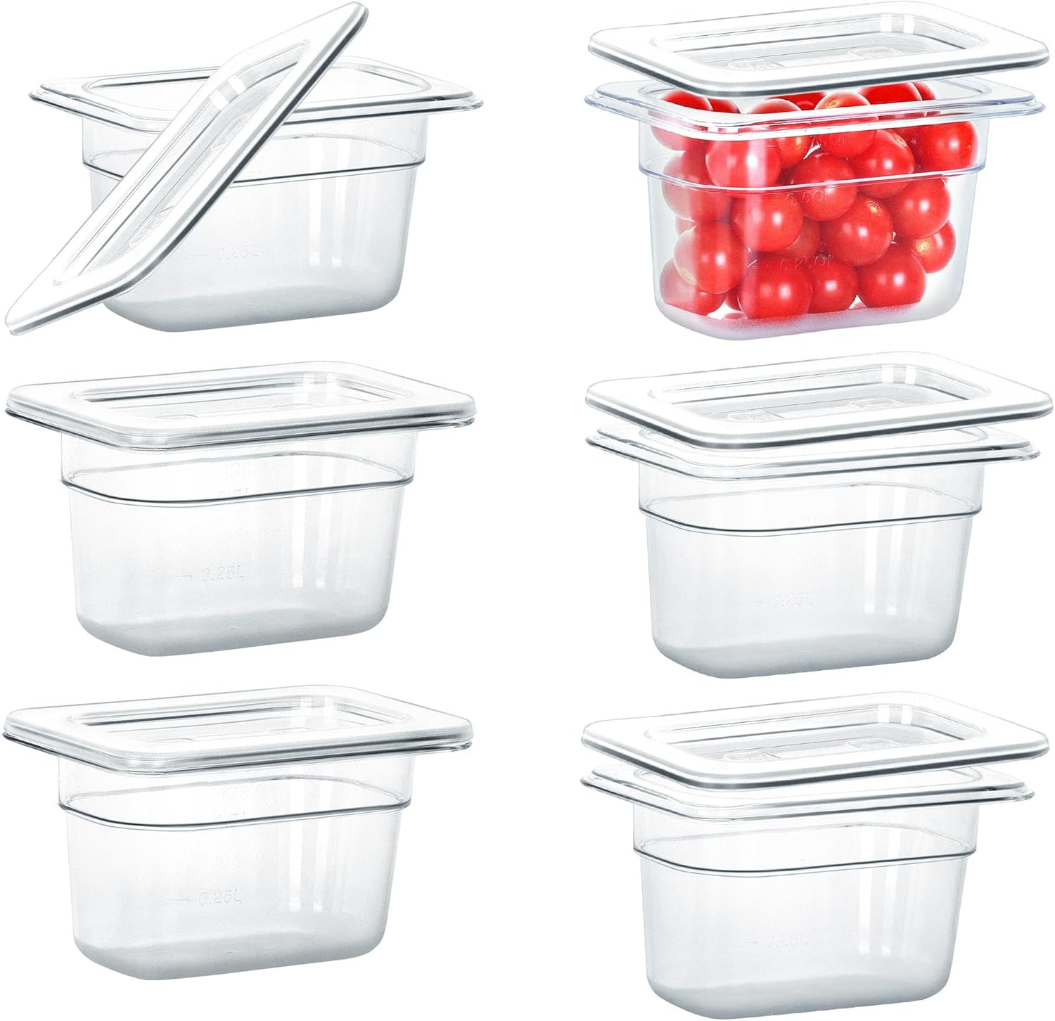 6 Pack NSF Food Pans with Lids, 1/9 Size 4” Deep Commercial Food Storage Containers, Polycarbonate, Clear