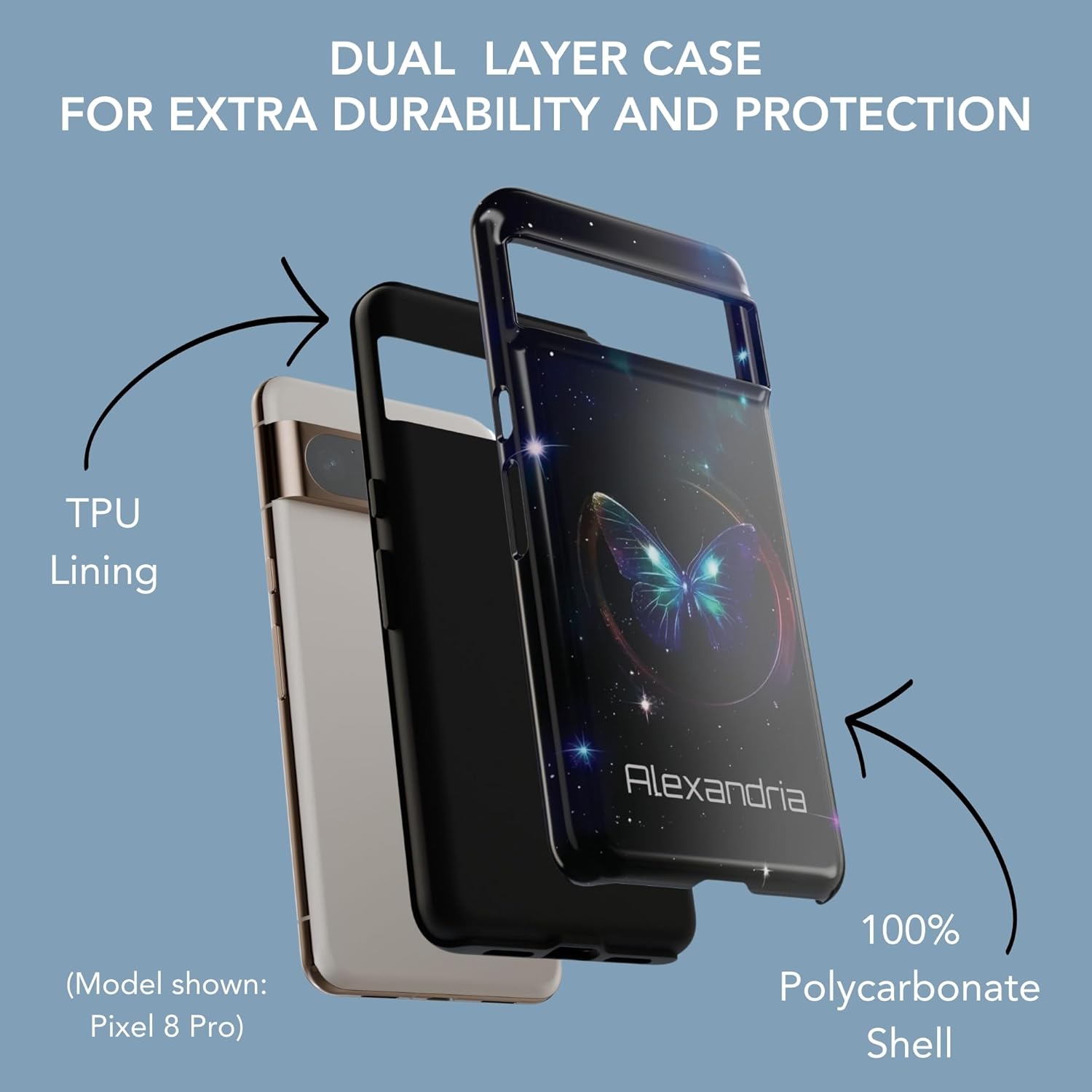 Celestial Butterfly Tough Case for Select Google Pixel Models | Personalized Holographic Aesthetic with Custom Text (Glossy, for Google Pixel 8)