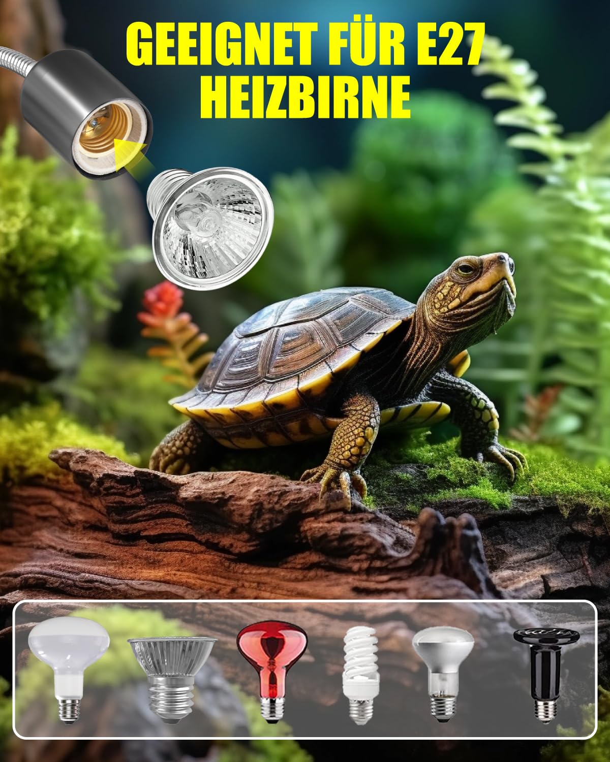 Schildkröte Wärmelampe Terrarium, Reptilien WäRmelampe 50W UVA/UVB Lampe Terrarium mit Timer und Clip E27 Lampenfassung für Schildkröte Spinne Eidechse Schlange Amphibien(2 Birnen enthalten)
