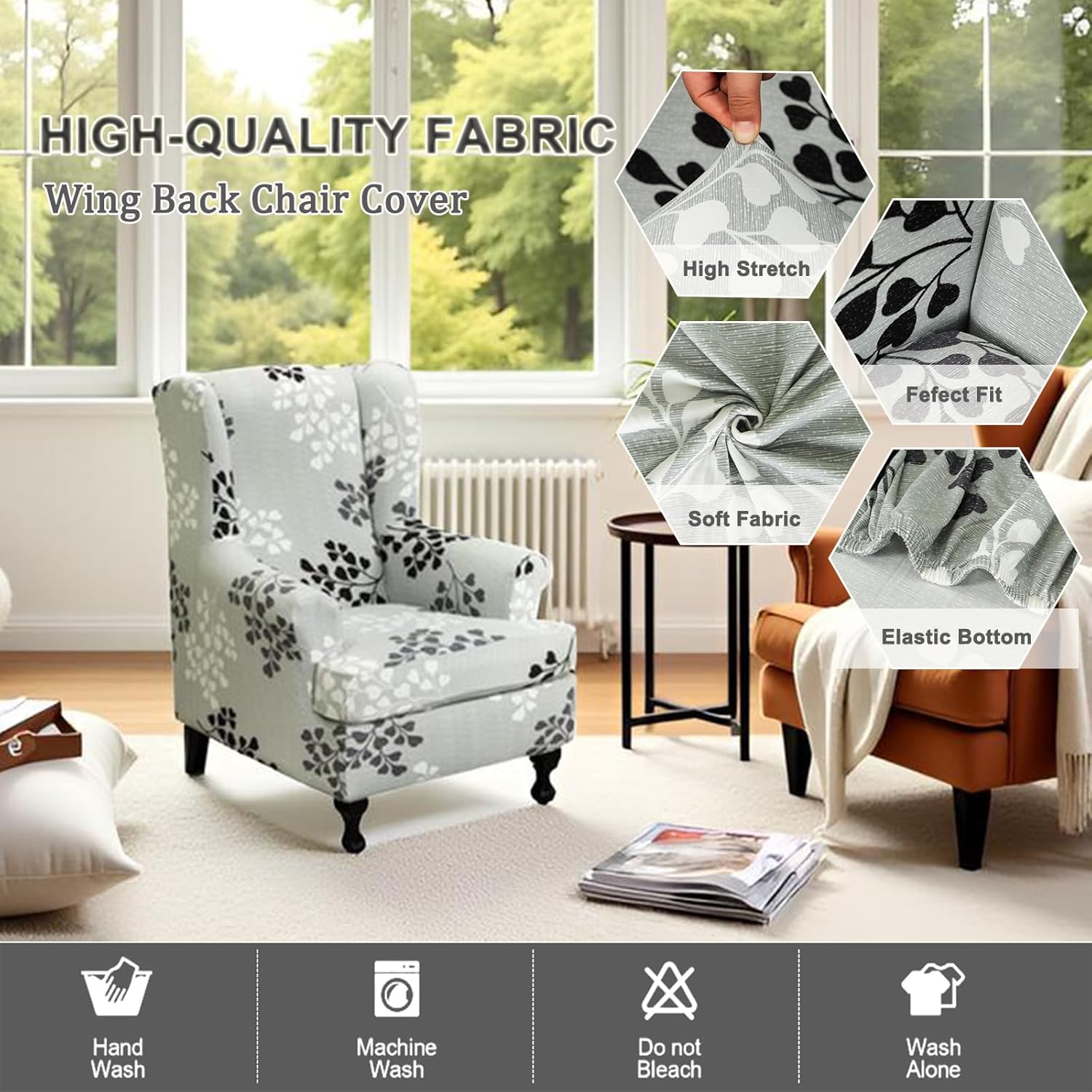 NILUOH Wing Chair Slipcovers 2 Pieces Stretch Spandex Wingback Chair Covers Washable Slipcover for Wingback Armchairs Non-Slip Furniture Protector with Elastic Bottom for Living Room