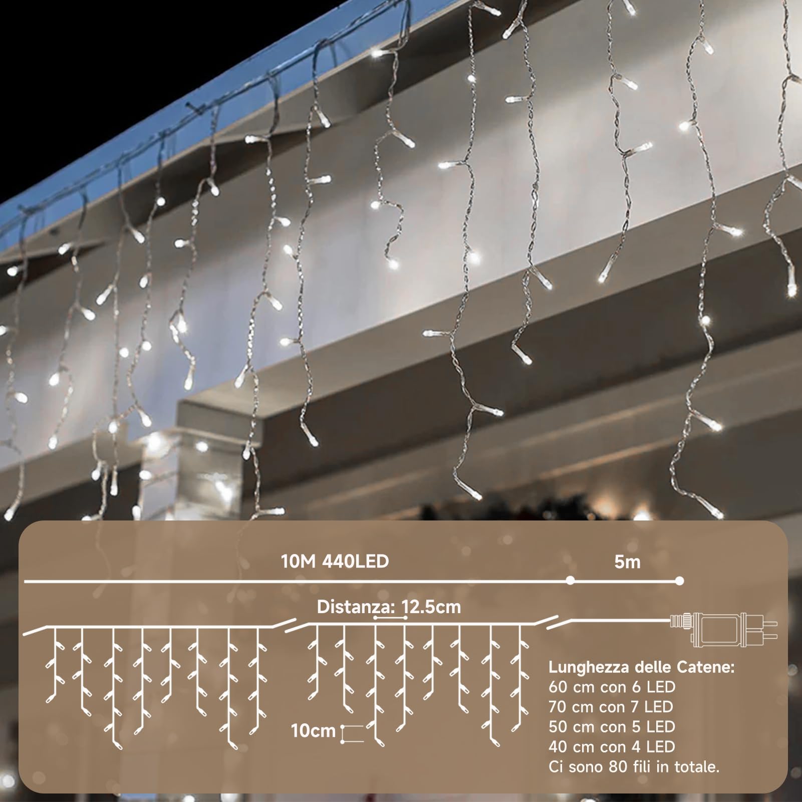 WOWDSGN Luci Natale 10M 440LED, Decorazioni Natalizie Tenda Luminosa Natale con 8 Modalità, Luci Natalizie da Esterno IP44 (Bianco Freddo)