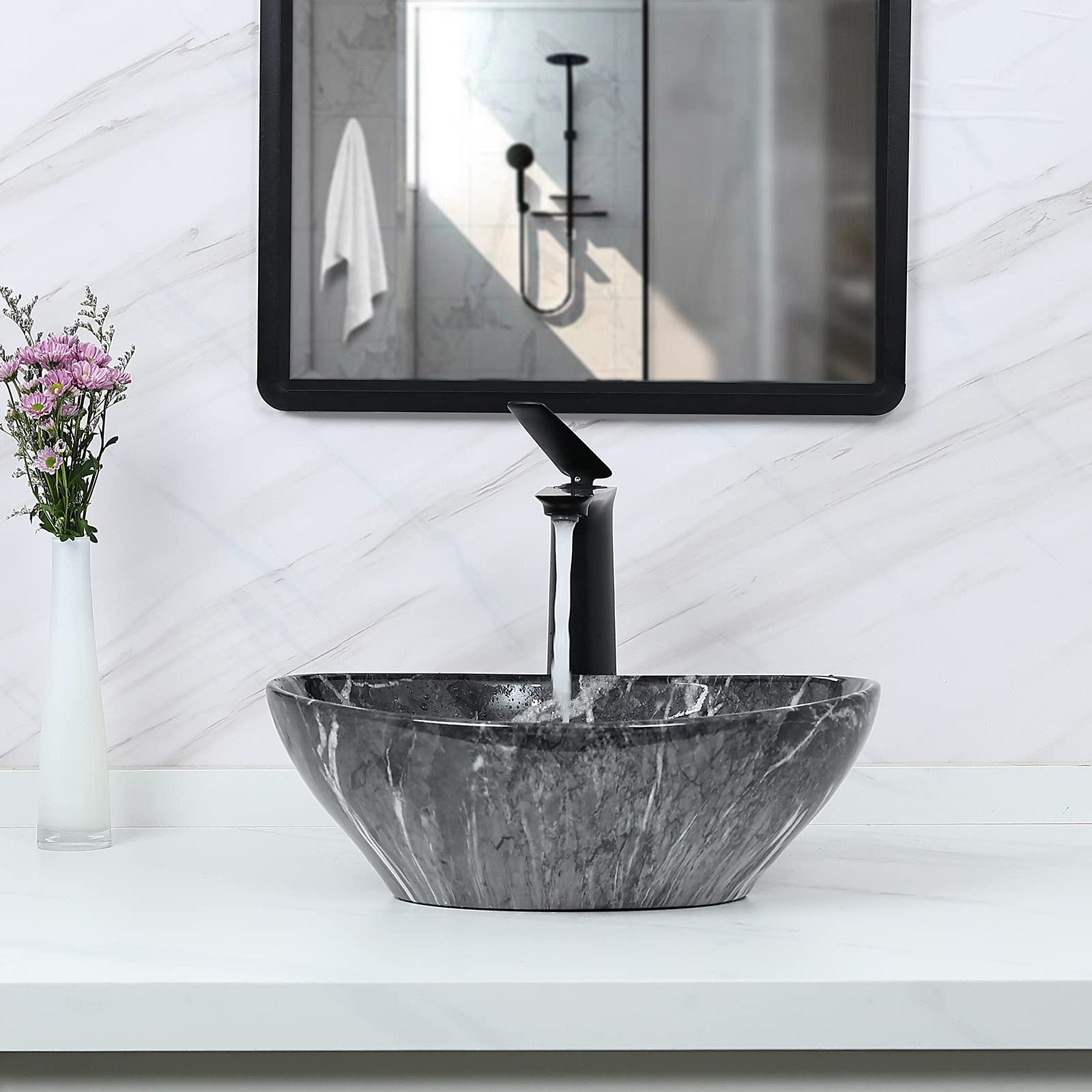 Fregadero ovalado de mármol nórdico de 16 x 13.2 pulgadas con drenaje desplegable, lavabos de baño, fregadero de cerámica, fregaderos de baño sobre encimera, cuencos ovalados para baño 4