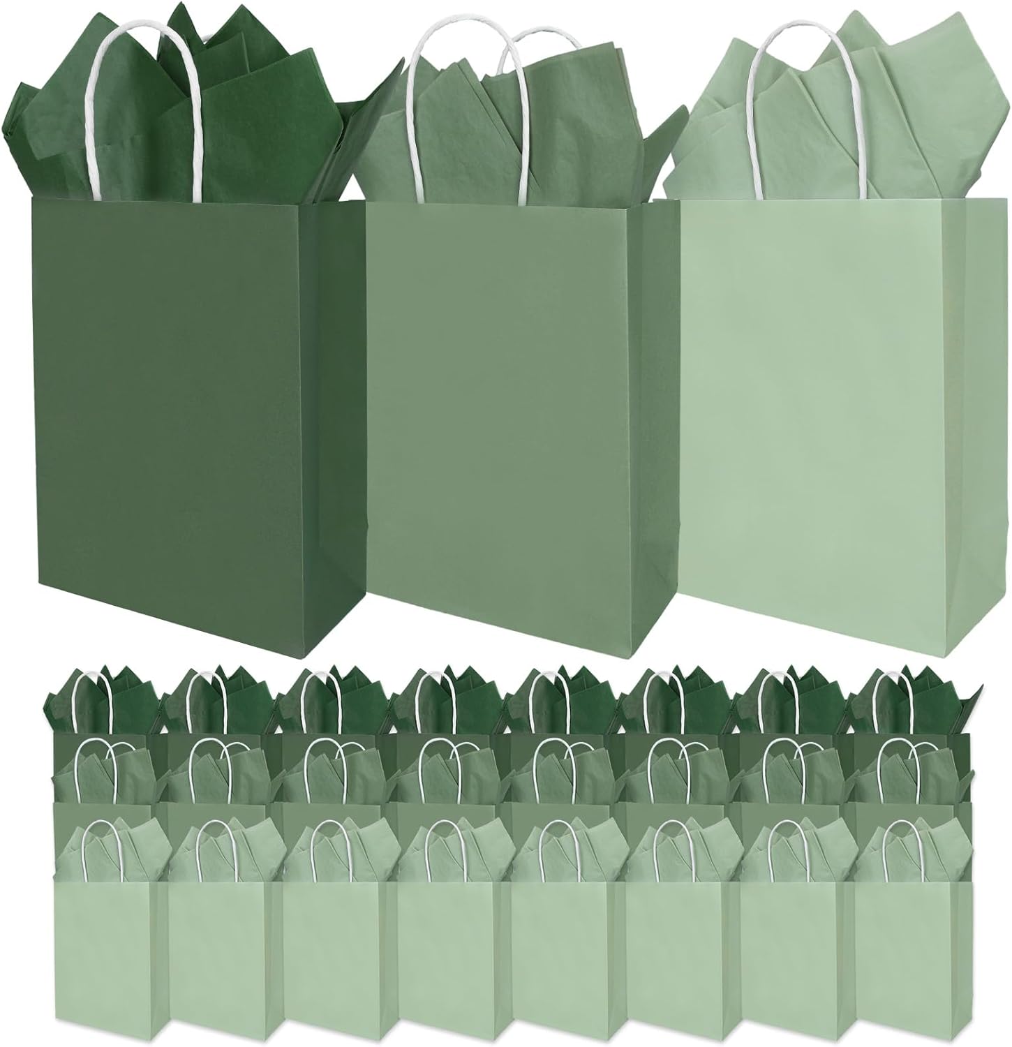 36 Pack Sage Green Gift Bags Spring 3 Colors Paper Bag with Handles and Tissue One Lucky Duck Colorful Wrapping Bags for Mallard Duck Baby Shower Birthday Party Supplies, 6.3 x 3.1 x 8.7 In