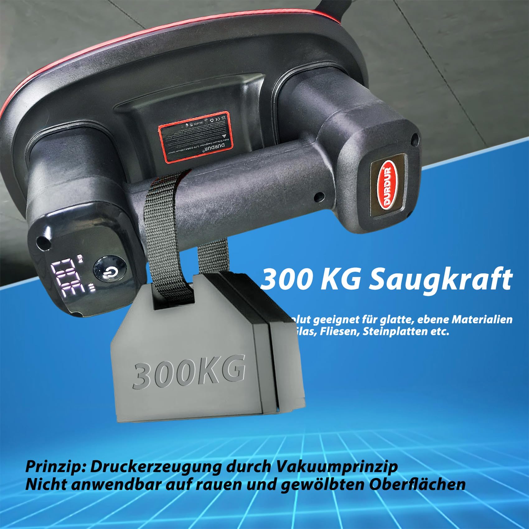 DURDUR Akku Saugheber für Fliesen,26 cm Akku Vakuum Saugheber für Fliesen, Glas, Marmor,300 KG Saugkraft Akku Vakuum Saugheber Fliesenheber Glassauger[2 Motoren 2 * 2000 mAh Akku]