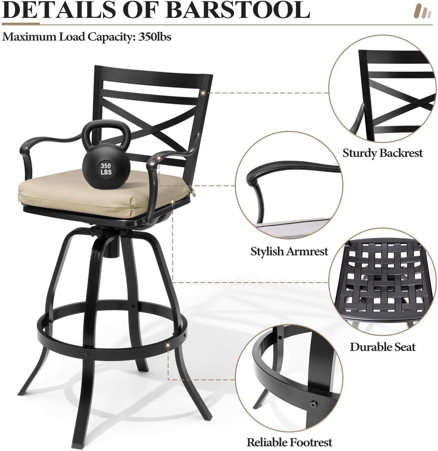 Crestlive Products Heavy Duty Cast Aluminum Outdoor Swivel Bar Stools with Cushion, Patio Bar Height Chair Set of 6, All Weather Black Finish for Outside, Indoor, Commercial Grade(Beige)