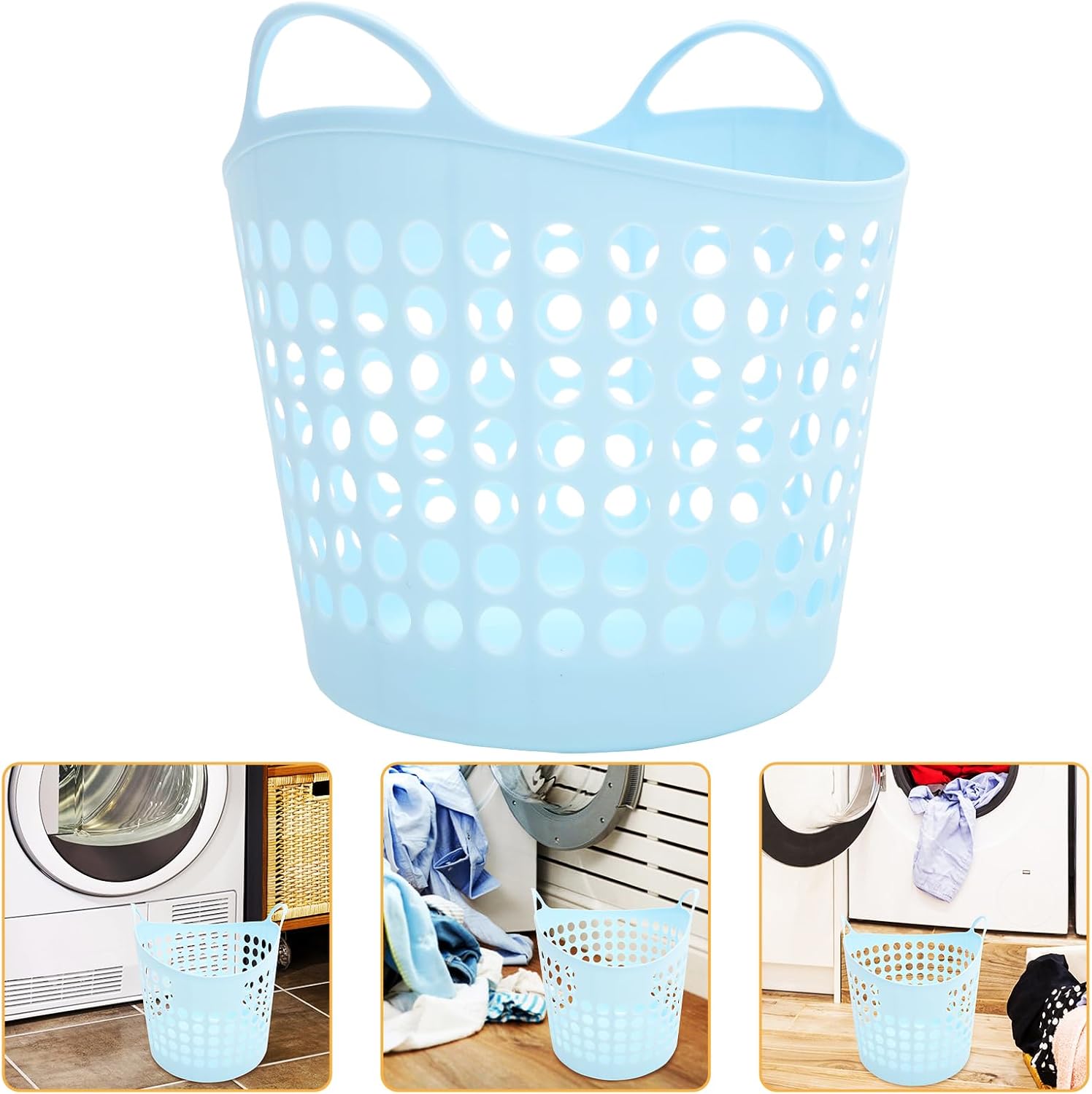 BESTOYARD Portable Ventilated Plastic 30L Laundry Basket with Side Handles Round Bin for Dirty Clothes Storage in Bathroom Bedroom and Laundry Room