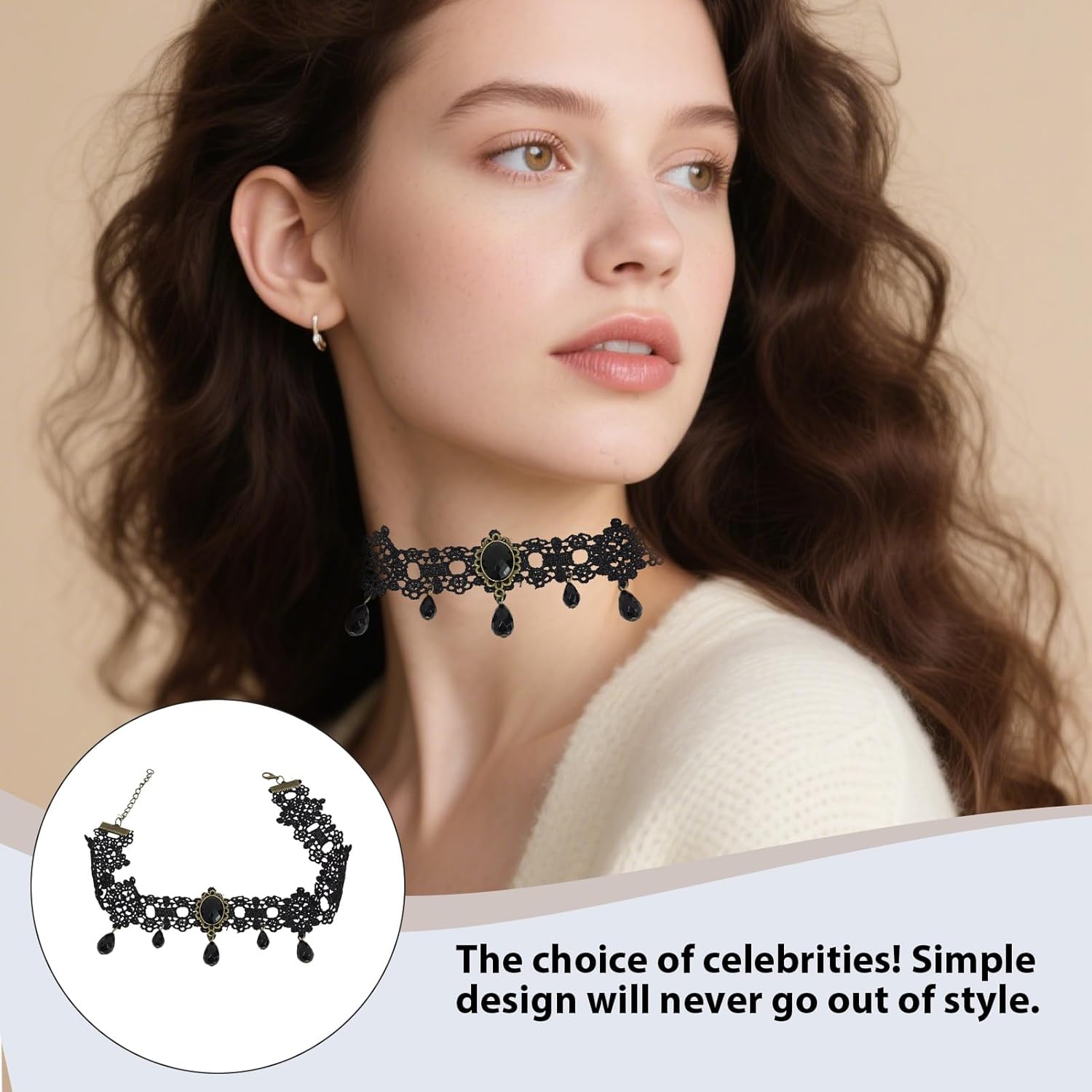 Gothic Choker Necklace, Black Lace Choker with Crystal Pendant for Women, Witch Style Adjustable Collar Gothic Halloween and Vampire Themed Vintage Thick Neck Jewelry Accessories - Image 6