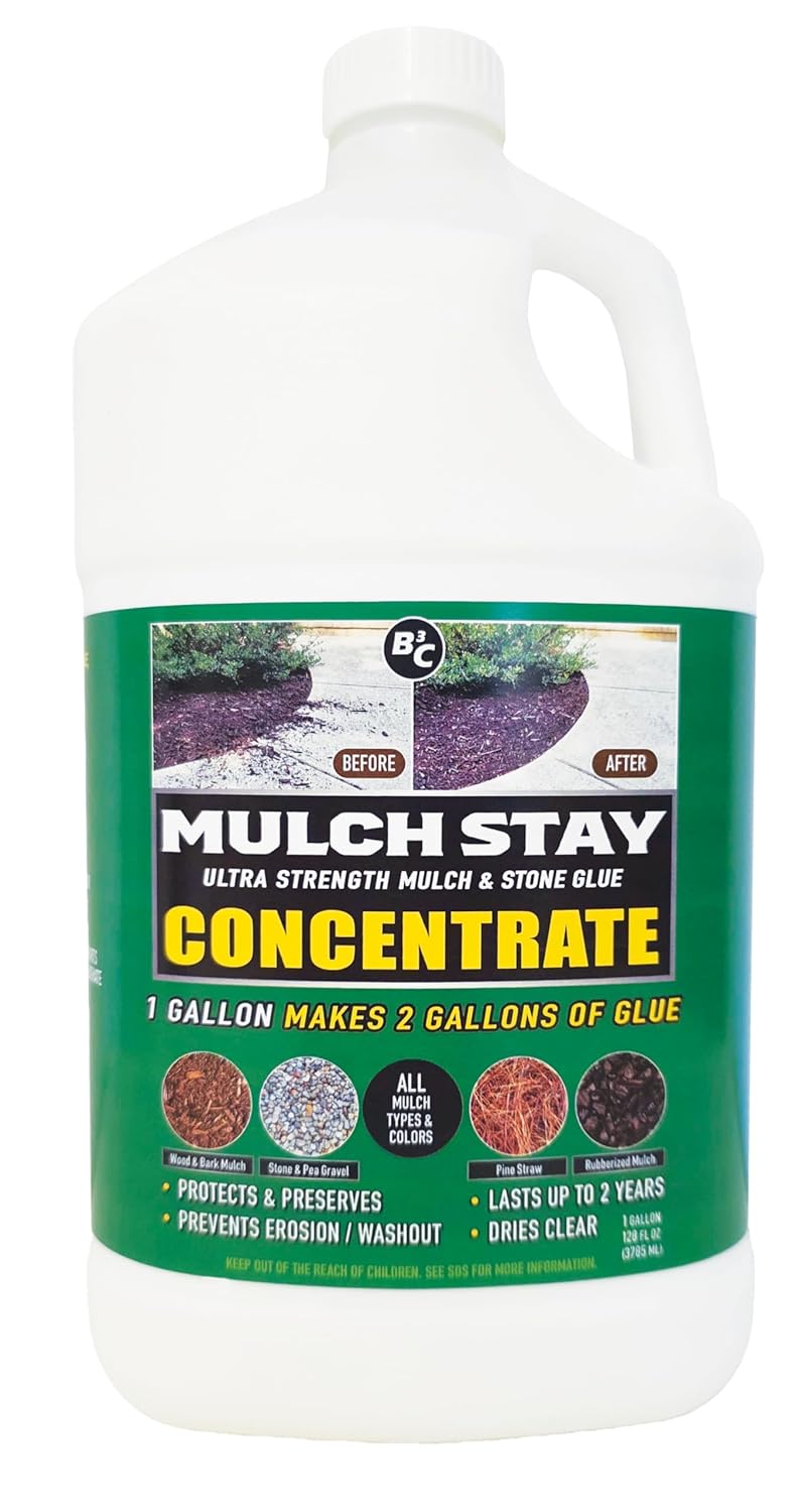 Mulch Stay Ultra Strength Mulch & Stone Glue Concentrate, 128 oz. 1 Gallon Makes 2 GALLONS! Preserves, Protects All Types of Mulch, Stone, Pine Straw & Landscaping Material, Dries Clear