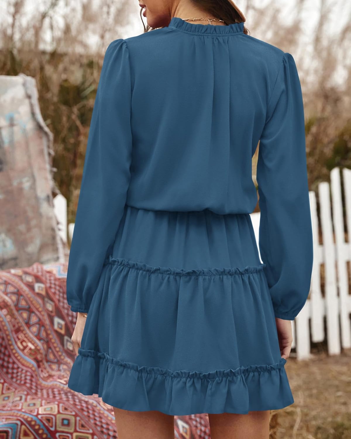 BTFBM Long Sleeve Fall Dresses for Women 2026 Summer Casual Tie Neck Ruffle Tiered A Line Wedding Guest Short Mini Dress - Image 3