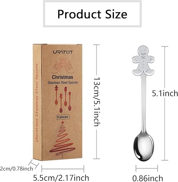 URATOT 8 Pieces Stainless Steel Christmas Spoons Coffee Tea Dessert Mixing Spoons Christmas Stocking Fillers