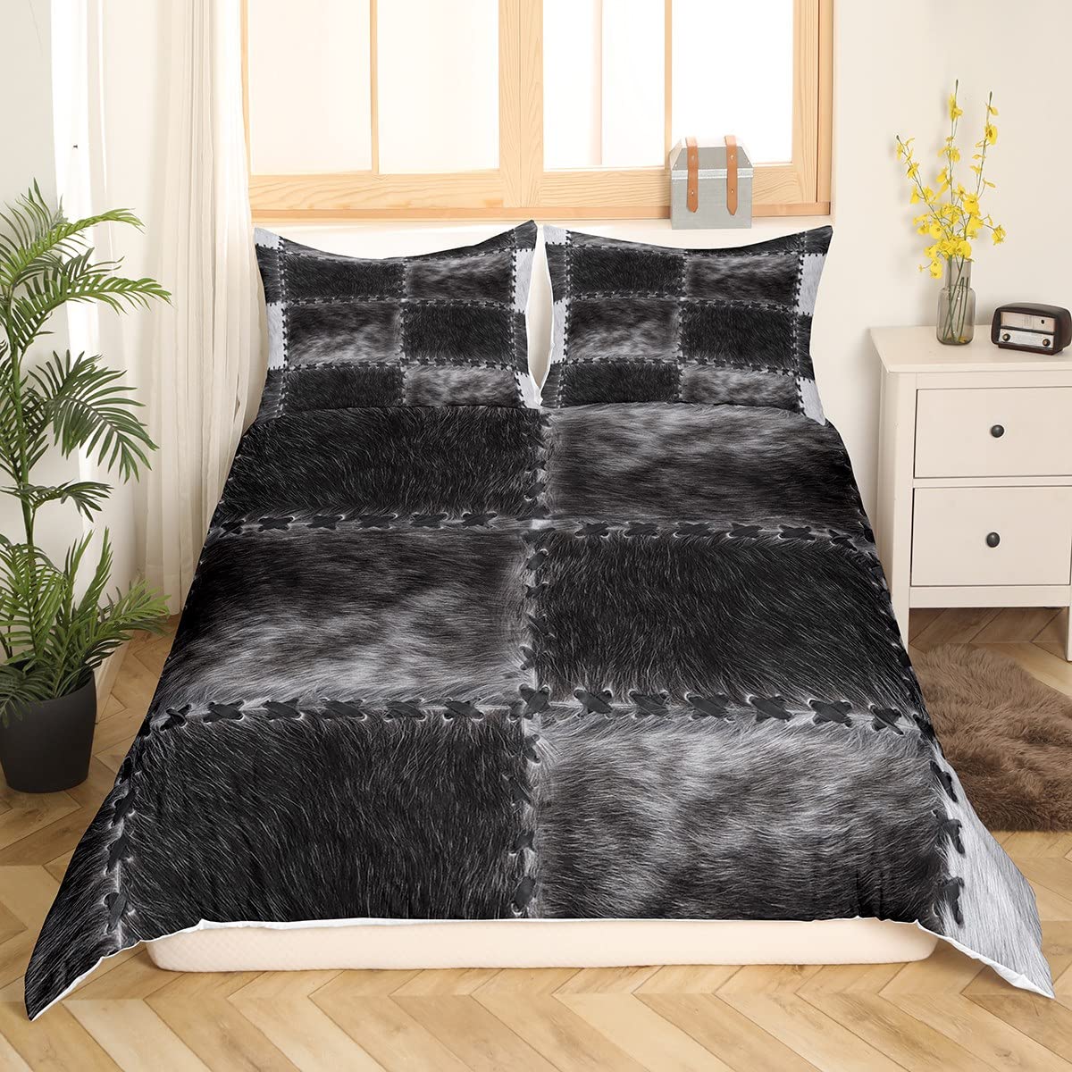 SUCSES Set di biancheria da letto con stampa di mucca, set di biancheria da letto queen size, 8 pezzi, in pelliccia di mucca con copripiumino e lenzuola, set di biancheria da letto