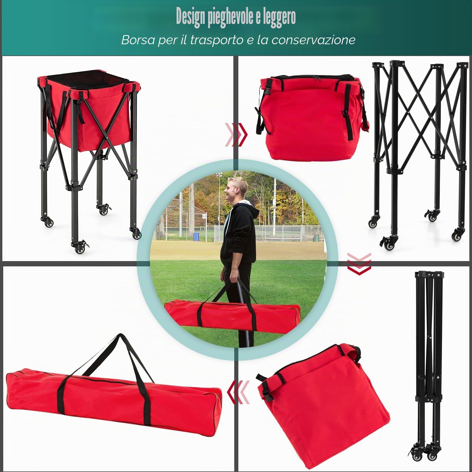 LIFEZEAL Carrello per Palline Tennis, Cestino Rimovibile da Tennis con Ruote Frenate, Max 150 Palline, Cesto Pieghevole con Borsa da Trasporto, Contenitori per Campo da Tennis e Parco Giochi