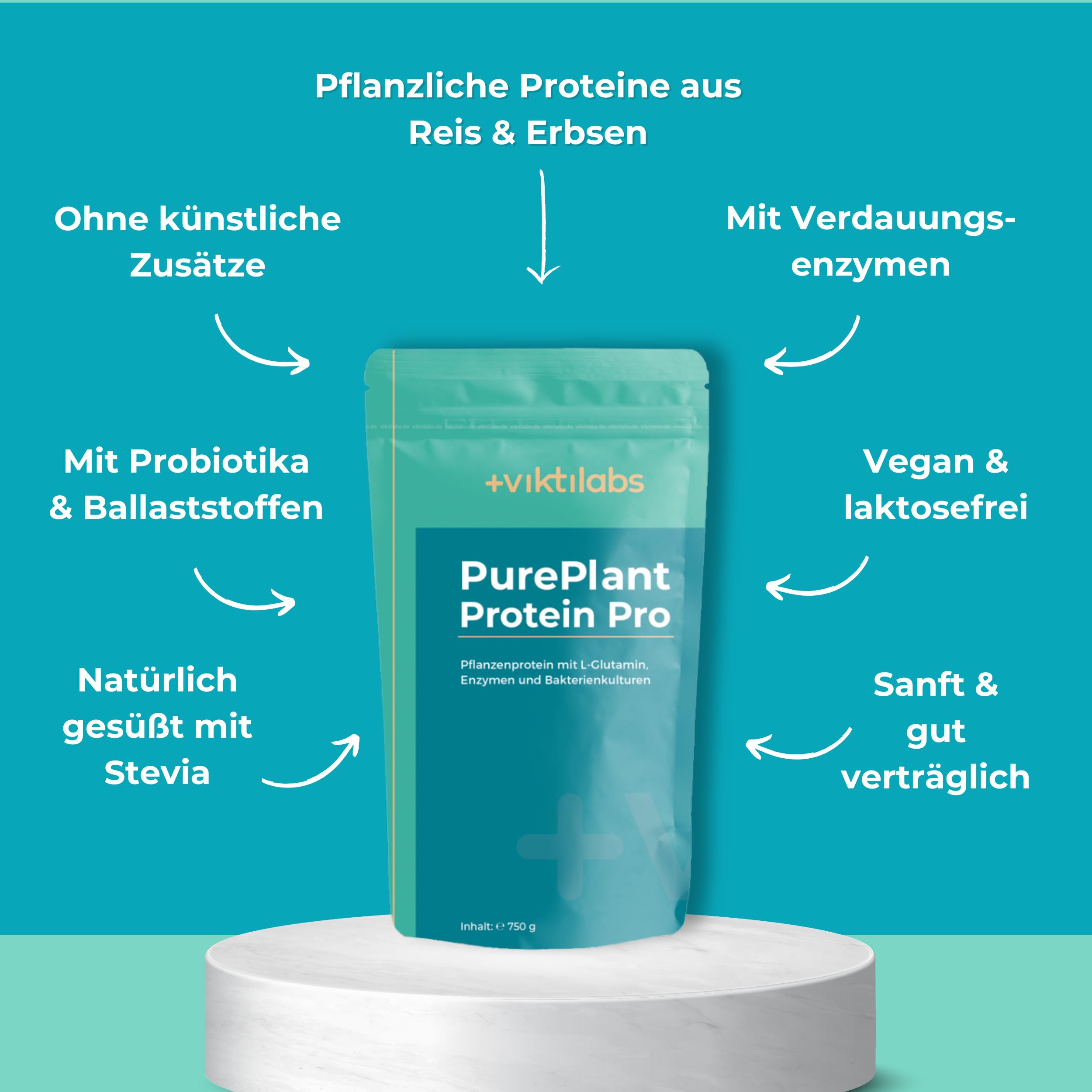 PurePlant Protein Pro - Vanille - vegan - pflanzliches Protein aus Reis & Erbsen - mit Enzymen, Probiotika & Ballaststoffen - 25 g pro Tag - 750 g