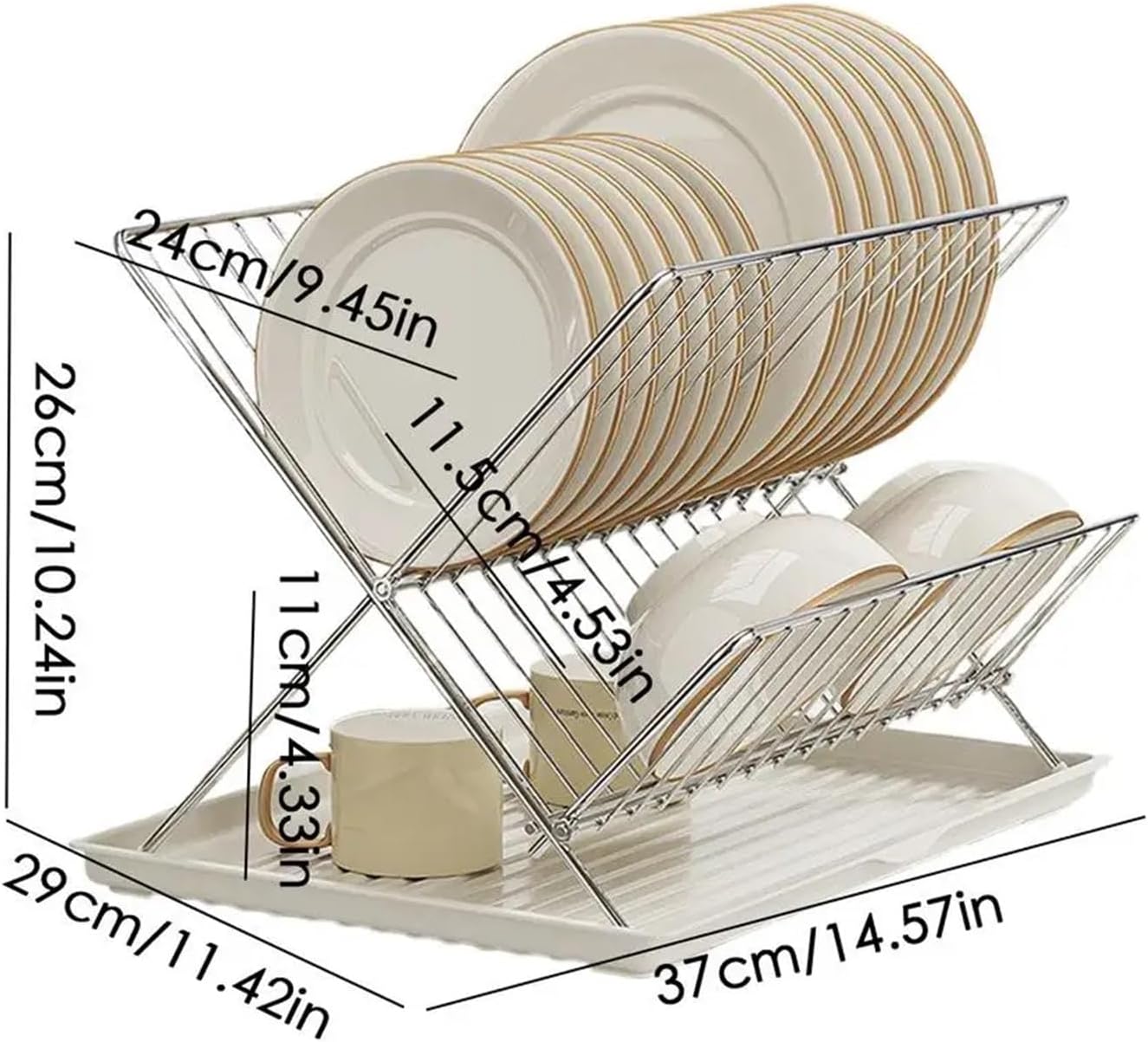 Foldable Dish Rack 2 Tier Countertop Dish Drying Rack Carbon Steel/Stainless Steel Detachable Water Catcher Tray Drying Rack(Gray)