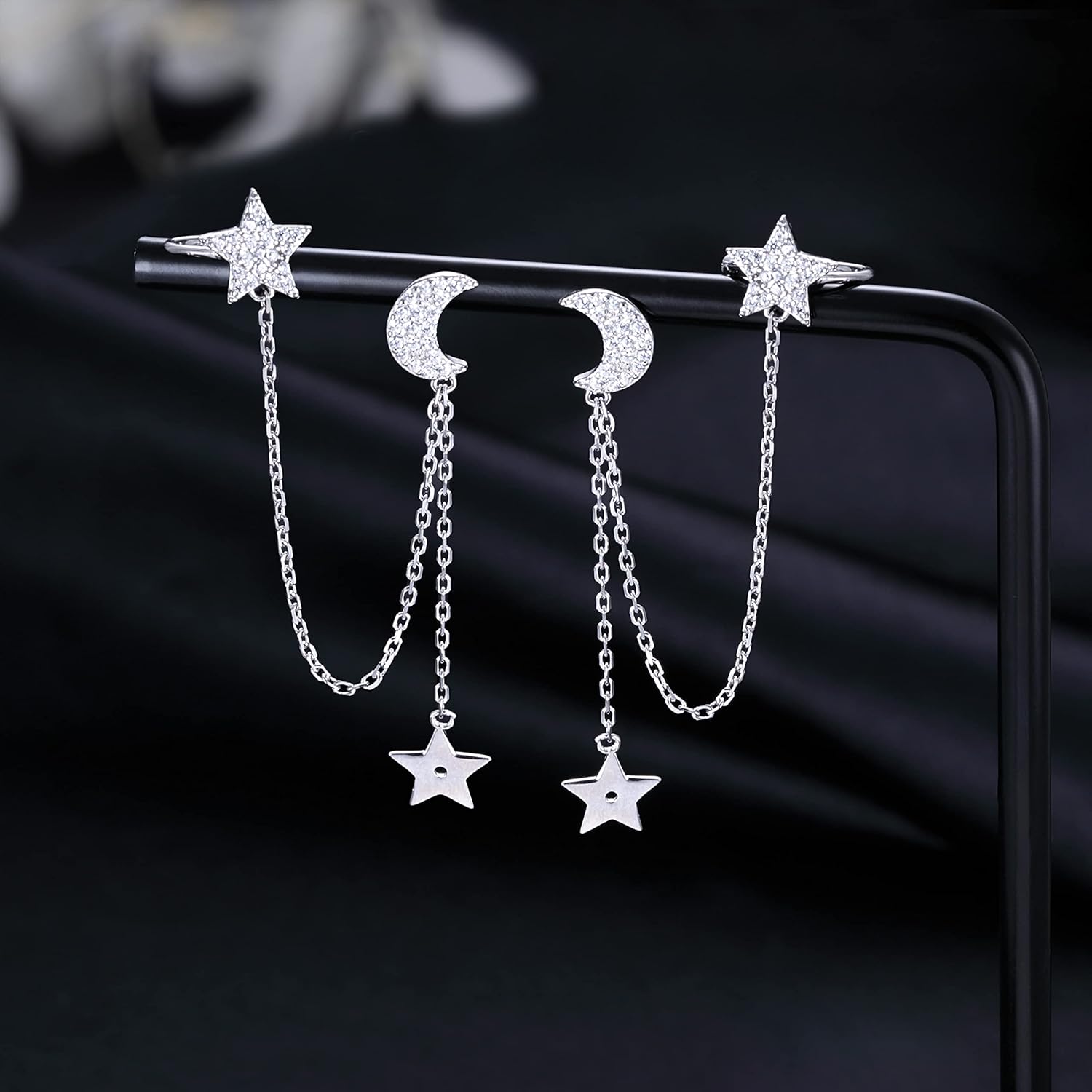 SLUYNZ 925 Sterling Silver Cuff Earrings Chain for Women Asymmetric Star Moon Earrings Crawler Dangling Chain