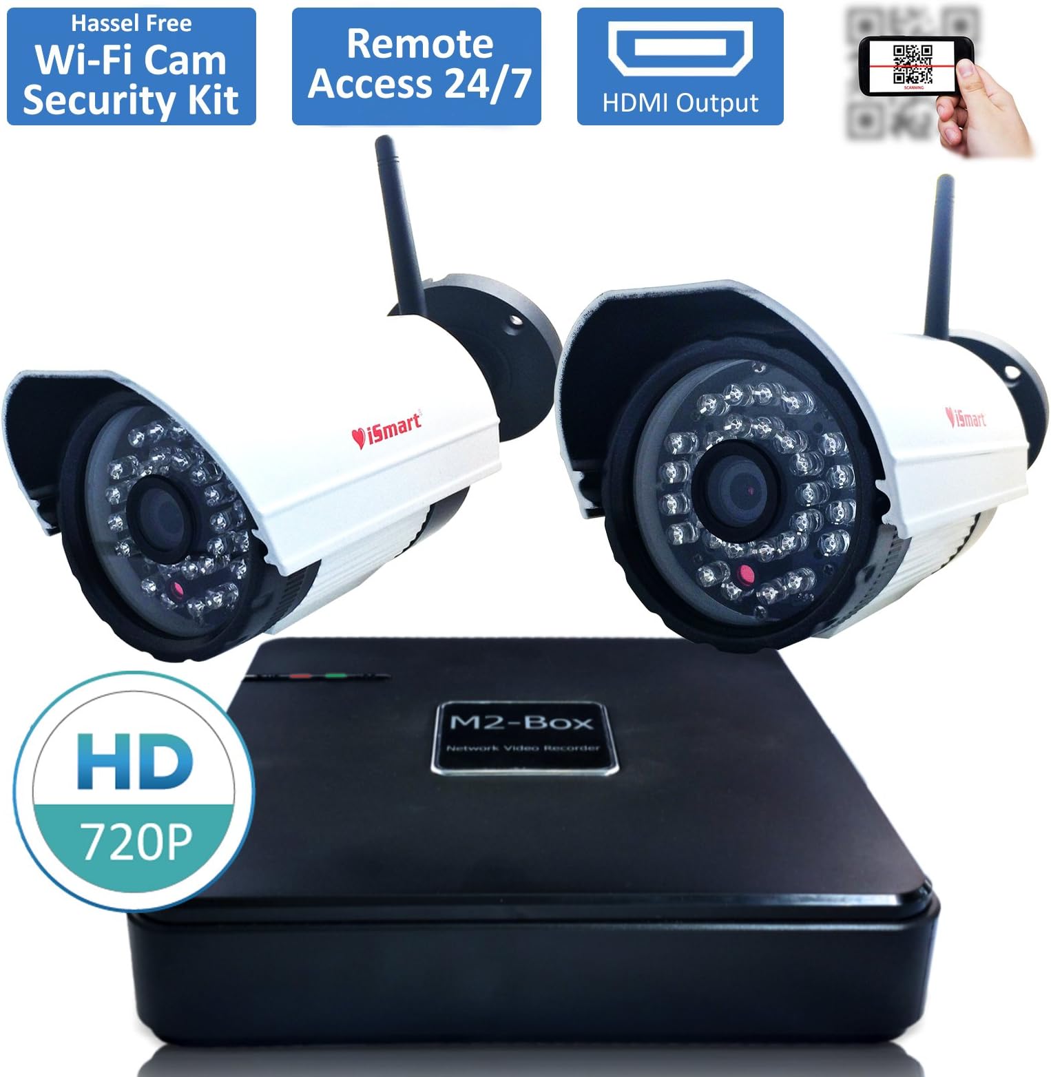 New iSmart HD 720P 4CH NVR with HDMI Output CCTV Security Outdoor 720P HD 2 IR Bullet WiFi IP Camera No HDD (D5004NHW + 2C1006DN2) Free P2P Cloud Connection Service with QR Code San
