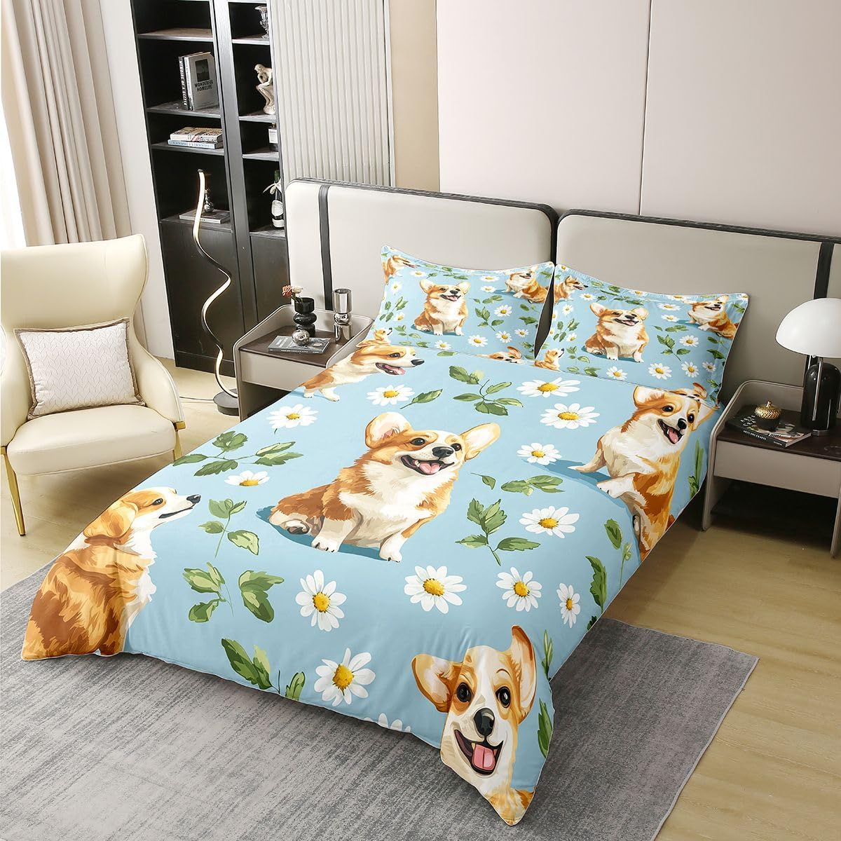 Erosebridal Corgi 100% Cotton Duvet Cover Queen Size Daisy Bedding Set for Kids Boys Girls Oil Painting Cute Pet Dogs Pattern Comforter Cover Leaves Flower Kawaii Animals Bedclothes