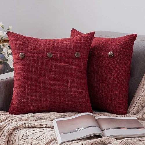 MIULEE Set of 2 Decorative Linen Throw Pillow Covers Cushion Case Triple Button Vintage Farmhouse Pillowcase for Couch Sofa Bed Decor 26 x 26 Inch Wine Red
