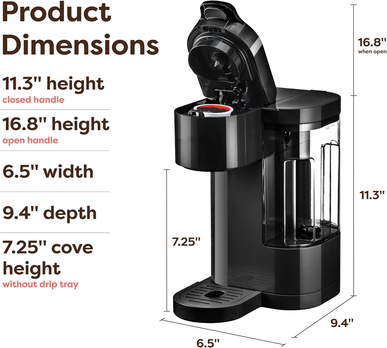 Black Single-Serve Pod Coffee Maker | K-Cup Compatible 6-14oz Brewer for Home Use