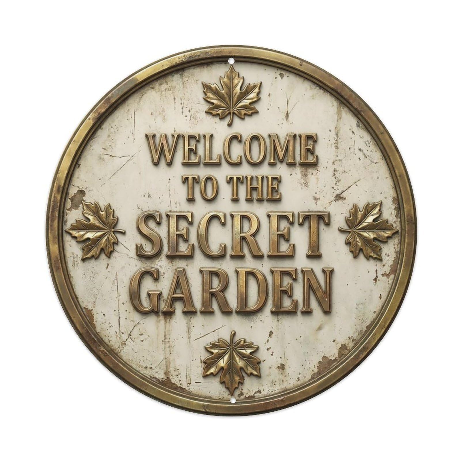 Vintage Welcome Secret Garden Brass Ivory Maple Metal Tin Sign