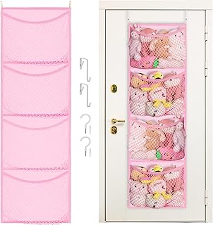 Over The Door Stuffed Animal Storage, Cotton Toy Organizer for Storage Plush Toys,Baby Supplies, Stuffed Animal Holder with 4 Large Pockets, Hanging Door Organizer for Nursery, Bedroom (Pink)