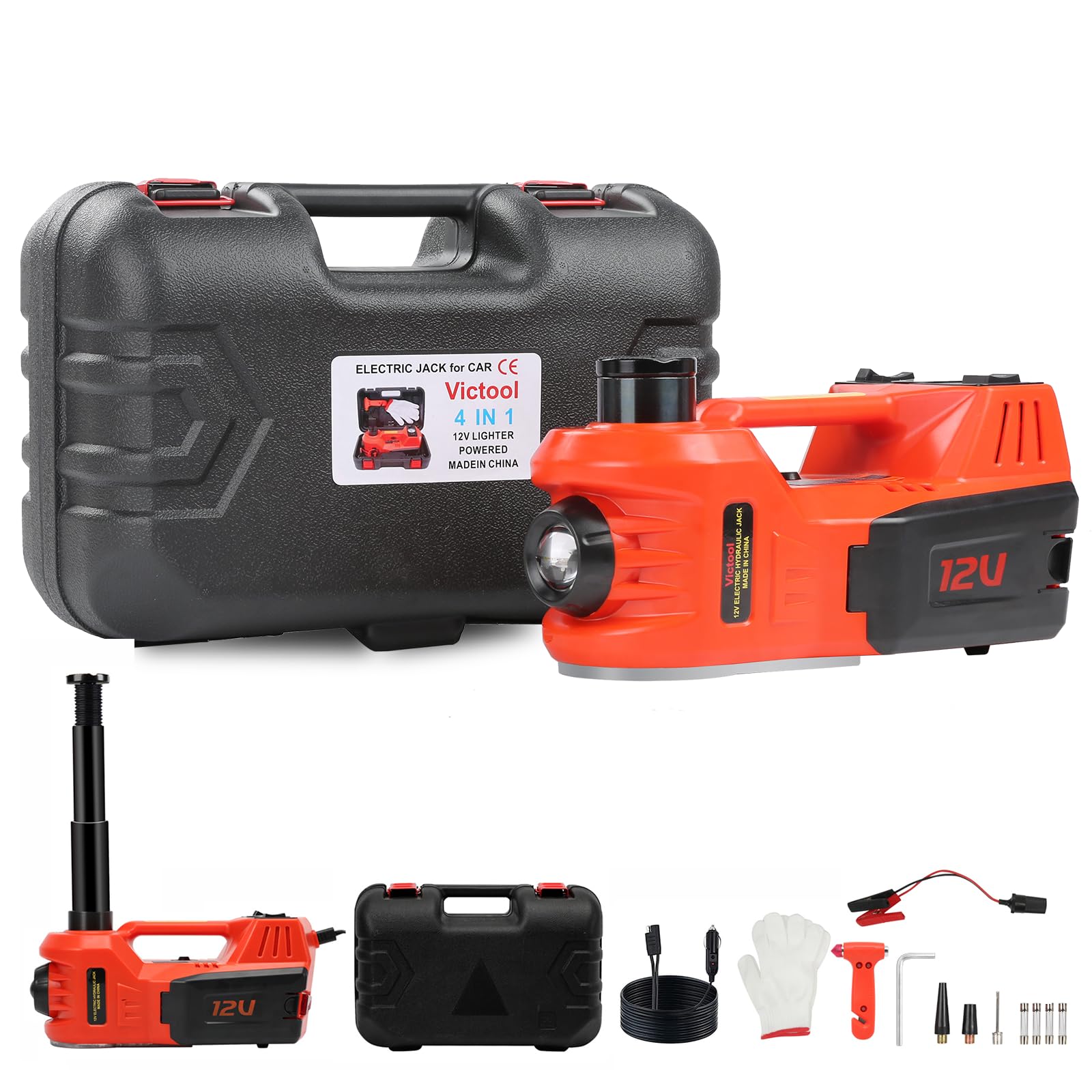 Auto Cric idraulico 5T, Cric elettrico 4 in 1 12V con pompa gonfiabile e luce LED, portata di sollevamento di 15-45 cm, Cric per auto, SUV, officine, riparazioni di emergenza, cambio gomme