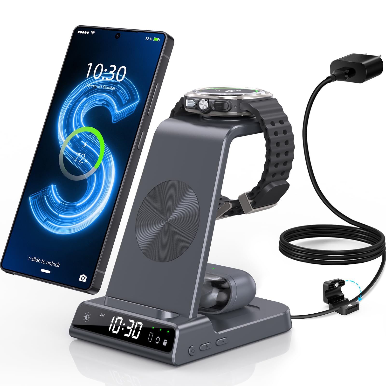 Stazione di ricarica wireless 3 in 1 per Samsung Galaxy S23 Ultra, supporto di ricarica compatibile con iPhone 14 Pro Max/Z Fold 4, caricabatterie per orologio per Galaxy Watch 5 Pro/4/3, Buds/Air-Pod
