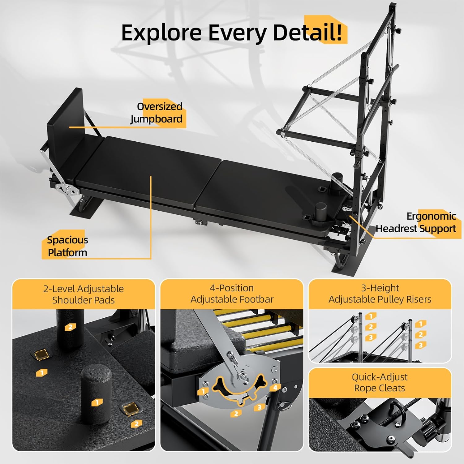 Pilates Reformer Machine with Tower, 93" Foldable Reformer Pilates Machine with Jumpboard and Wire Spings, Reformer Pilates Machine for Home Gym, Black