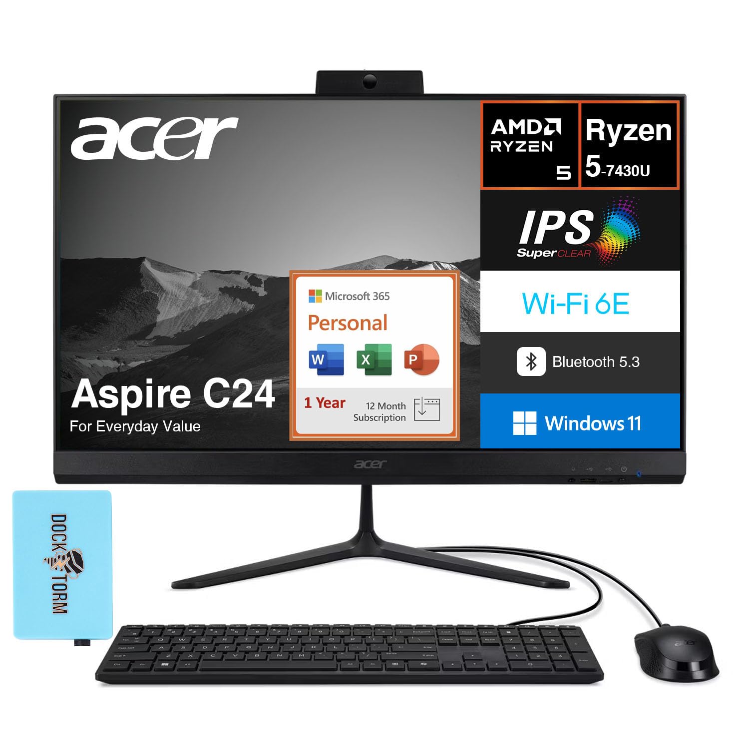 acer Aspire C24 Everyday Value All-in-One 23.8" FHD (AMD Ryzen 5 7430U, 32GB DDR4, 512GB PCIe SSD, AMD Radeon, Win 11 Pro) w/MS 365 Personal, DKZ USB Port Expander
