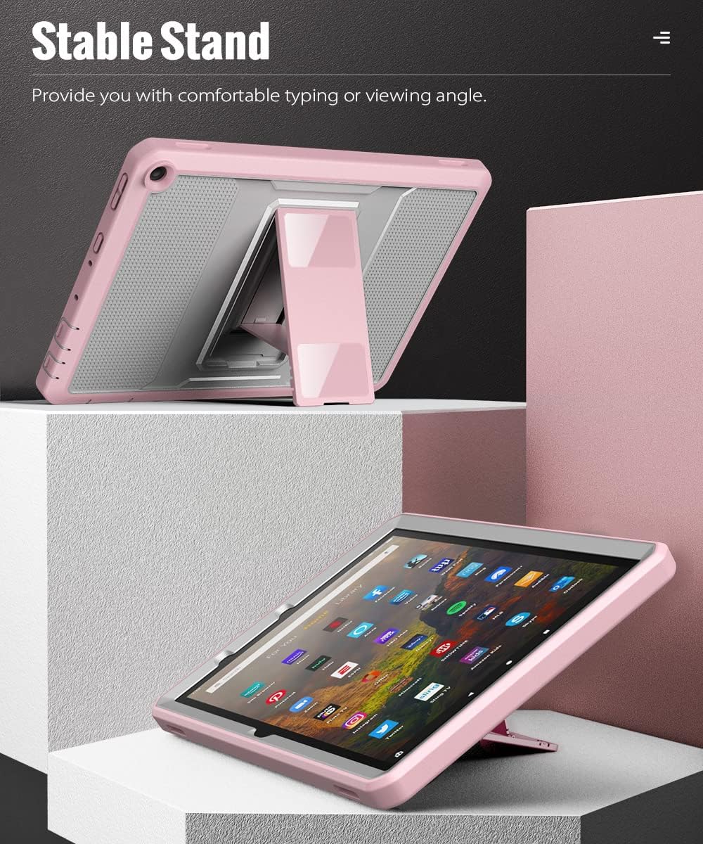 MoKo Case Fits All-New Kindle Fire HD 10 & 10 Plus Tablet (11th Generation, 2021 Release) 10.1", Full Body Rugged Hands-Free Viewing Stand Back Cover with Screen Protector, Gray&Pink
