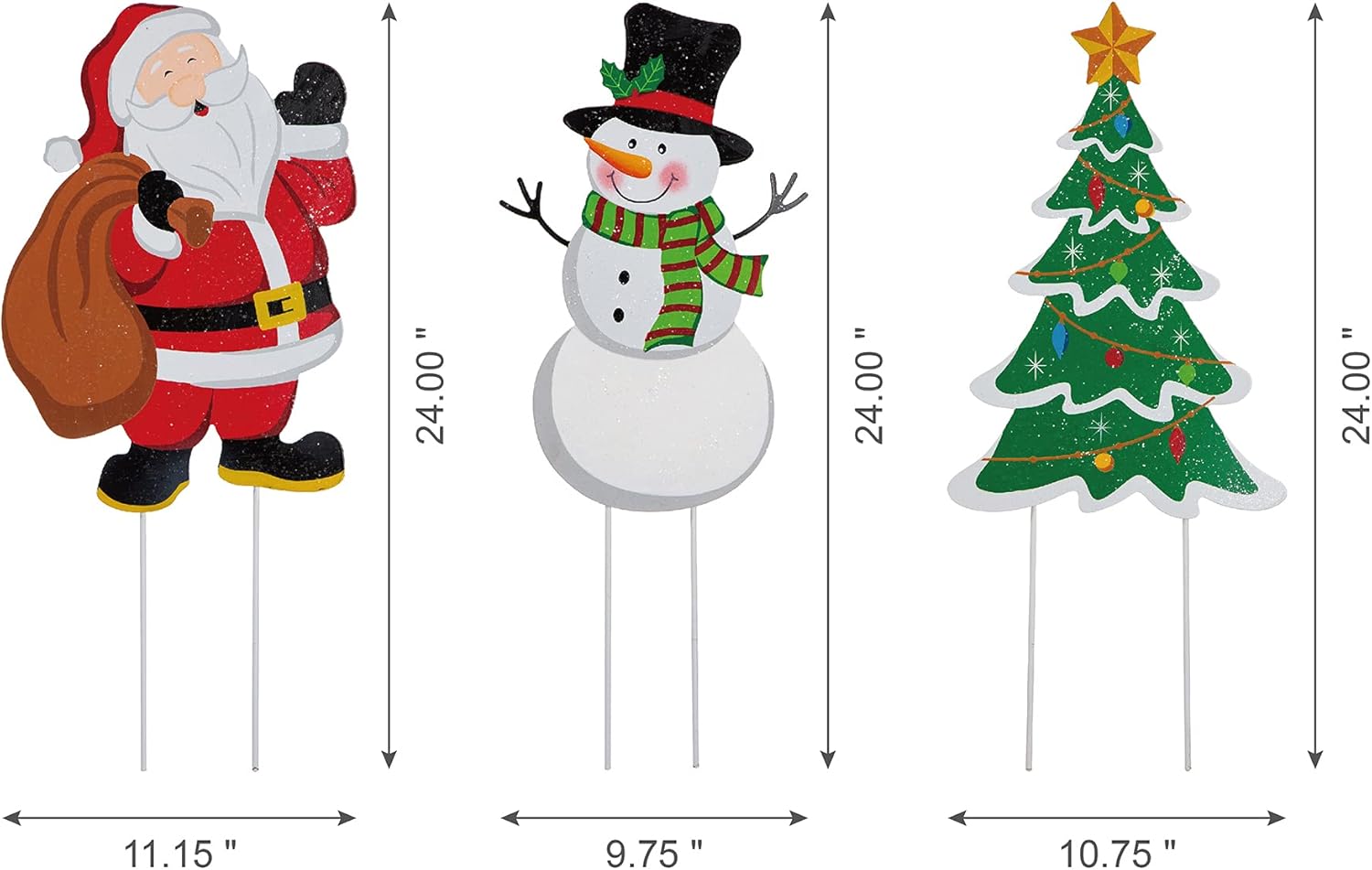 Glitzhome Metal Christmas Santa Snowman Tree Stake 3 Pack Outdoor Yard Holiday Décor, 24" H, Multicolor