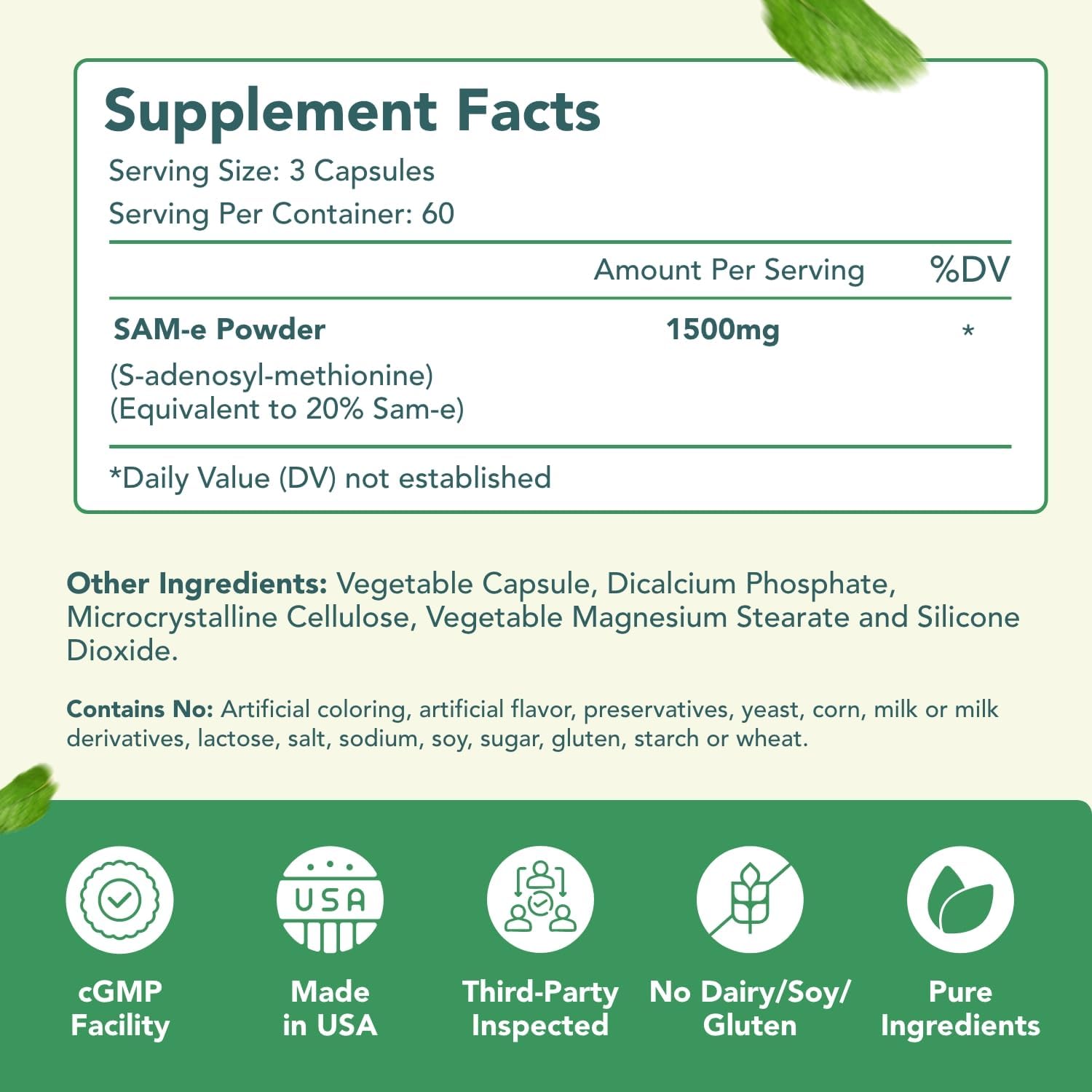 1500mg SAM-e Supplement - High Strength S-Adenosyl-L-Methionine Capsules 1500mg per Serving for Joint Brain Liver and Mood Support - Non-GMO High Absorption Same Supplement (120 Servings)