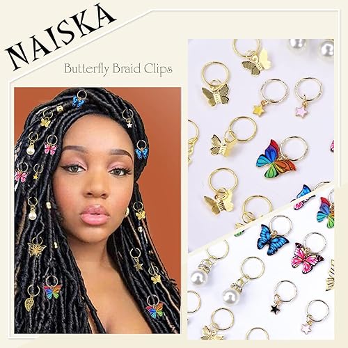 Miniatura 4 de NAISKA 20 accesorios para el cabello de rastas de cristal de mariposa dorada, colgantes de mariposa coloridos, cuentas trenzadas de estrellas