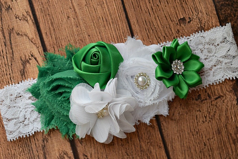 White and green Baby Headband 2, Newborn Headband, Infant
