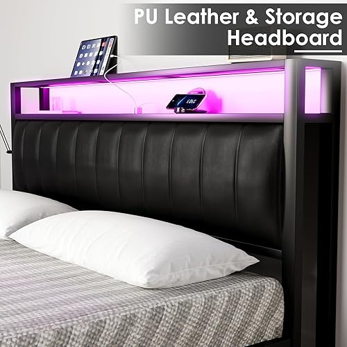 Miniatura 6 de AMERLIFE Base de cama de plataforma tamaño Queen, marco de cama LED con piel sintética y estación de carga, cabecera de almacenamiento de 2 niveles,