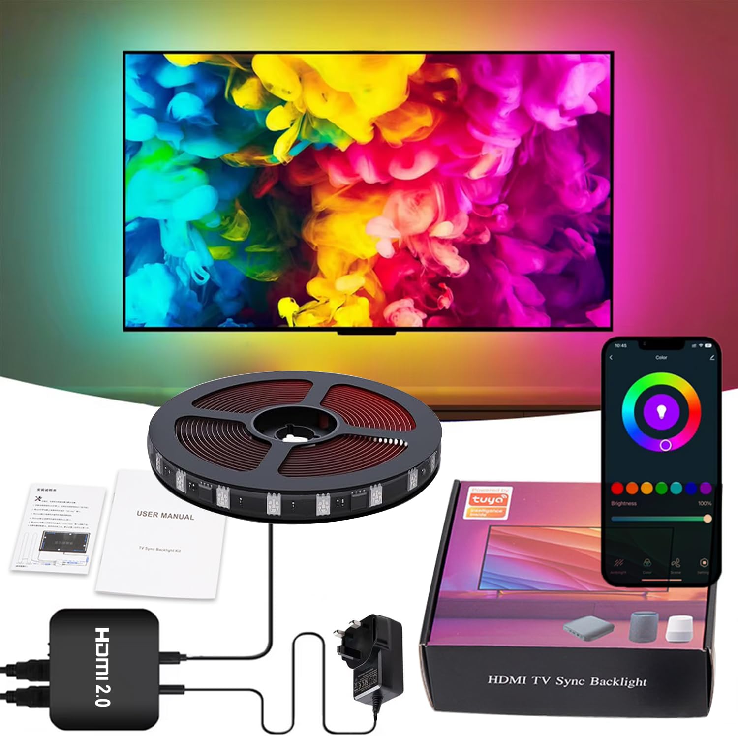 YMY TV Back Light Strip Color Lights with HDMI 2.0 Sync Box, RGBIC Monitor Backlight, Immersion Ambient Lighting Strips, Supports Screen Sync, App Control, Intelligent Voice Control (for 120 inch TV)