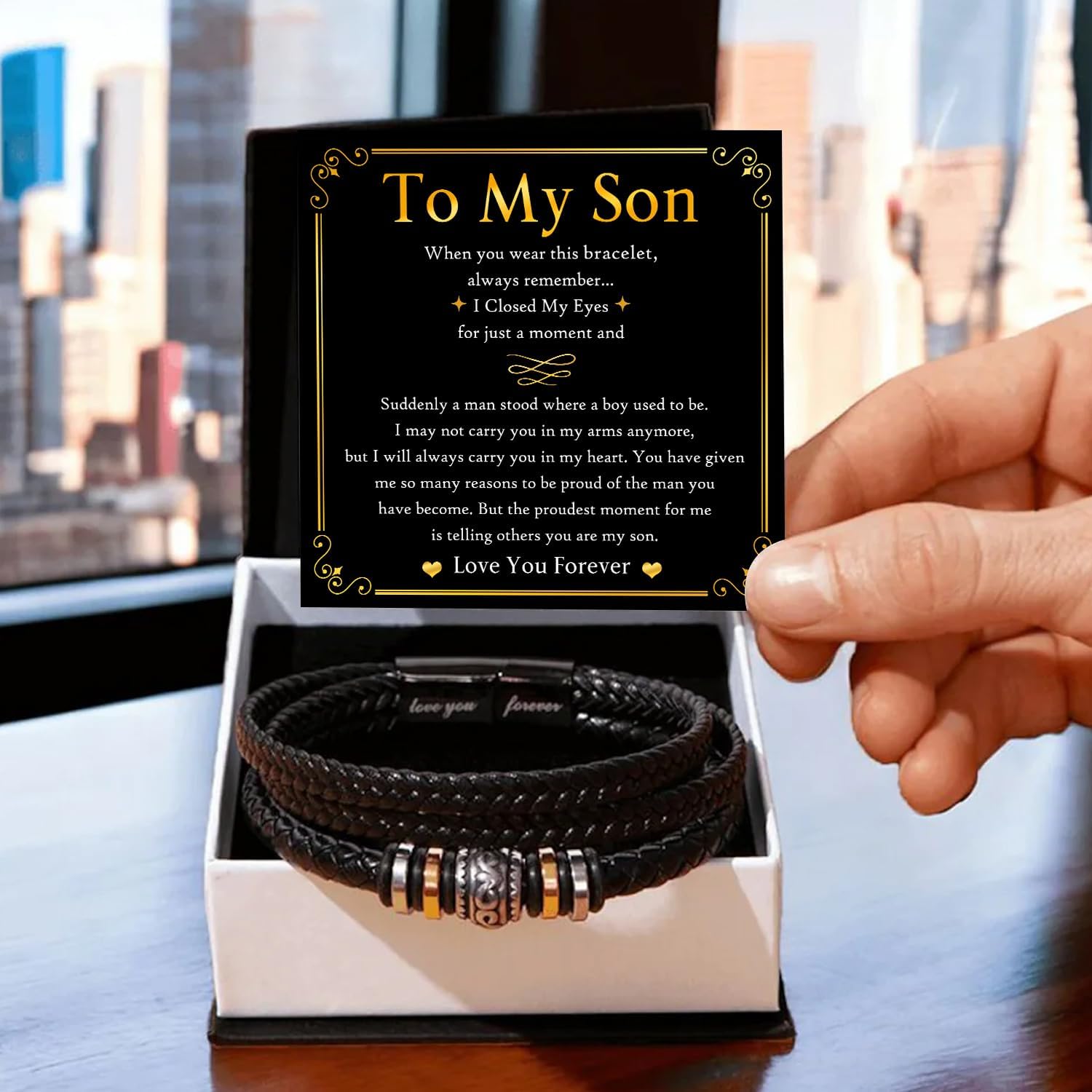 Bracelet To My Son – Braided Leather Bracelet From Father & Mother With Heartfelt Message & Elegant Box, Love You Forever – Always By Your Side, Gift Son For Christmas, Graduation, Birthday - Image 3