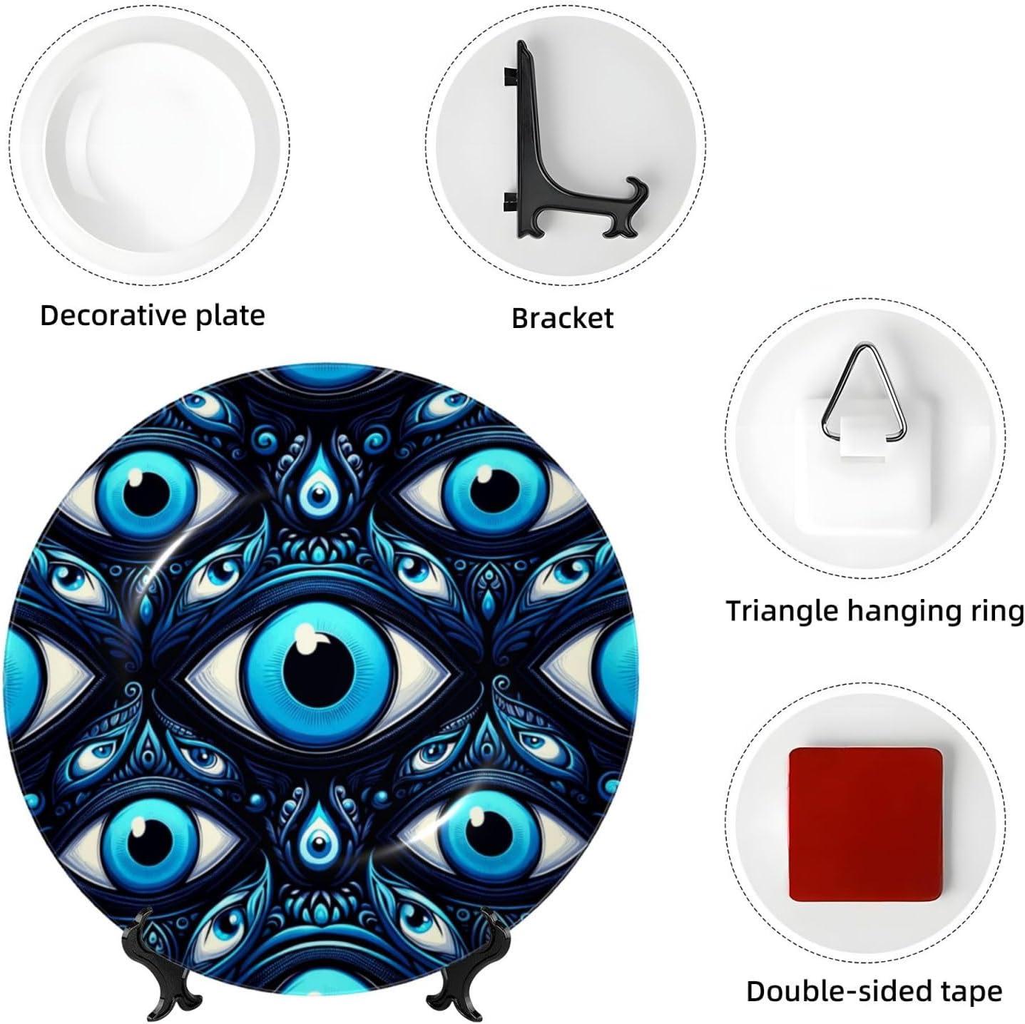 Turkish-Blue-Evil-Eye-Bead 10 Inch Decorative Plate With Stand, Elegant Display Wall Plate For Home Decor