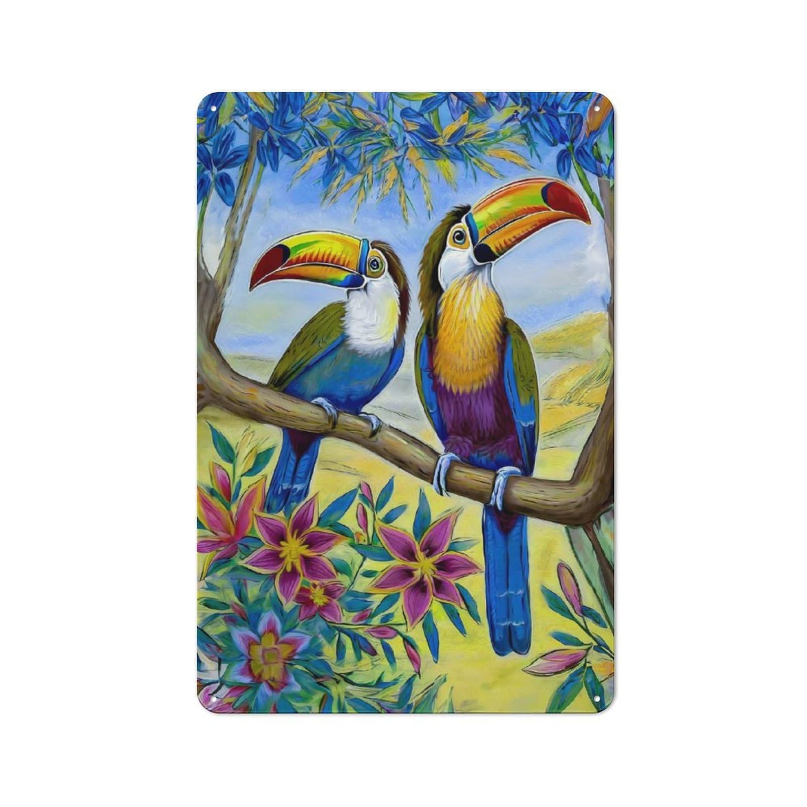 Junmoney Toucans On A Floral Tree Tin Wall Plaque 30X20cm With For Garage Or Workshop, For Kitchen, Dining Room And Home Bar Wall Decor