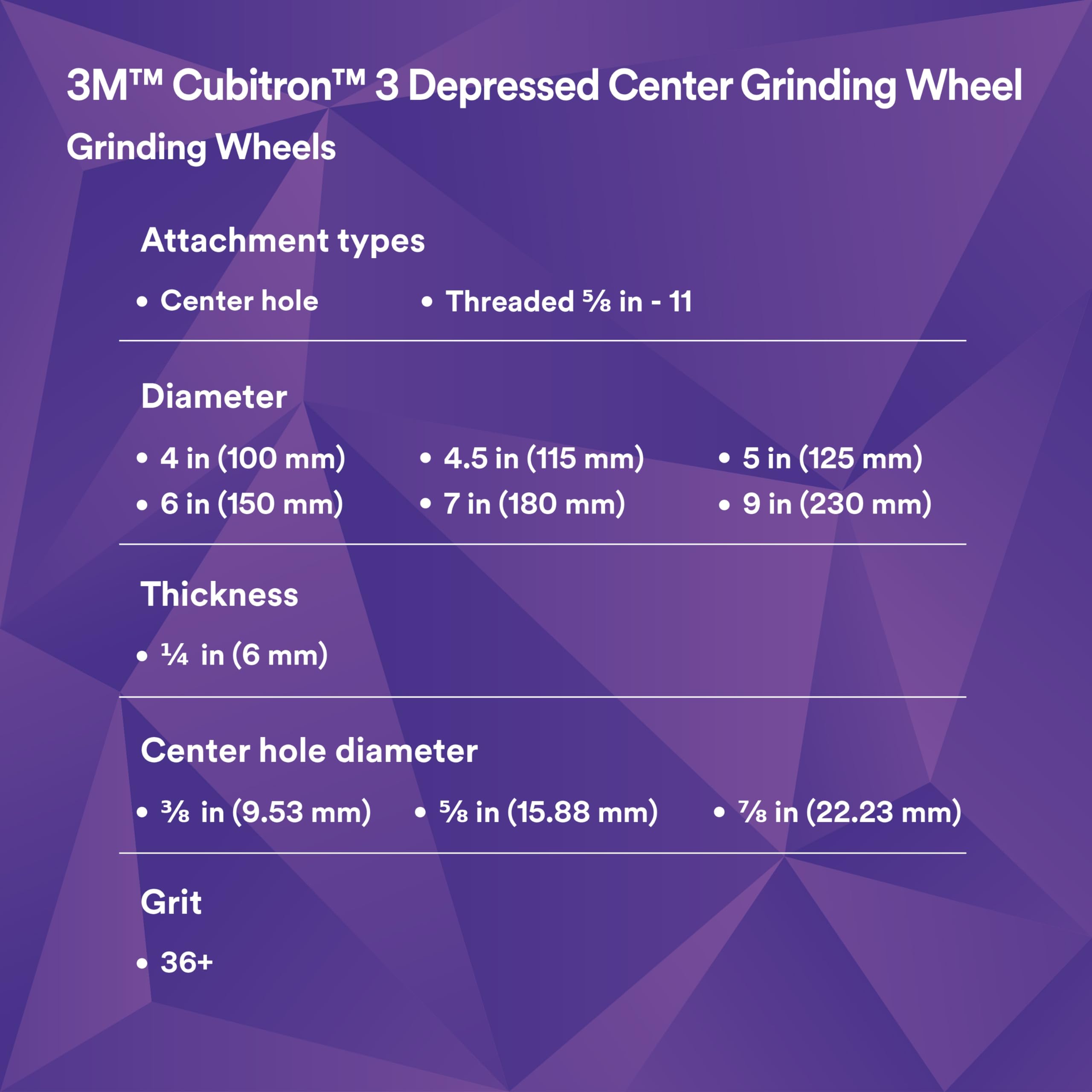 3M Cubitron 3 - Rueda de molienda central deprimida, 88989, 36+, T27, 4 x 1/4 x 5/8 pulgadas (100 x 6 x 15.88 mm), ANSI, grano en forma de precisión, biselado, molienda de soldadura, desbarbado