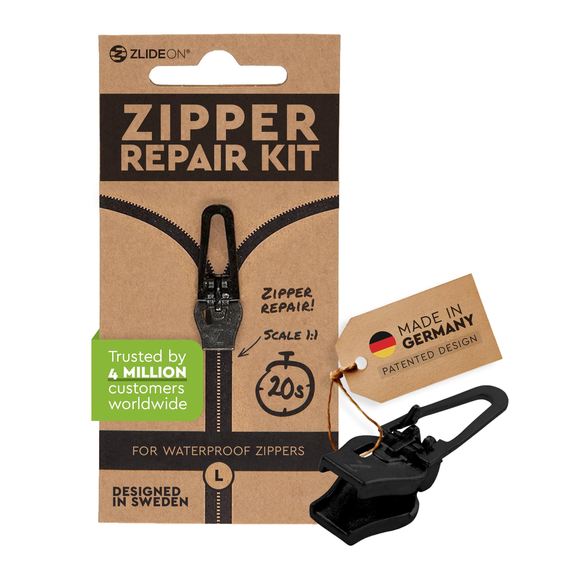 Zlideon Reißverschluss Reparaturset für Wasserdichte Reißverschlüsse – 1 Stück, Schwarz (L) | Sofortiger Ersatz-Schieber für Jacken, Zelte, Technik- und Schutzhüllen