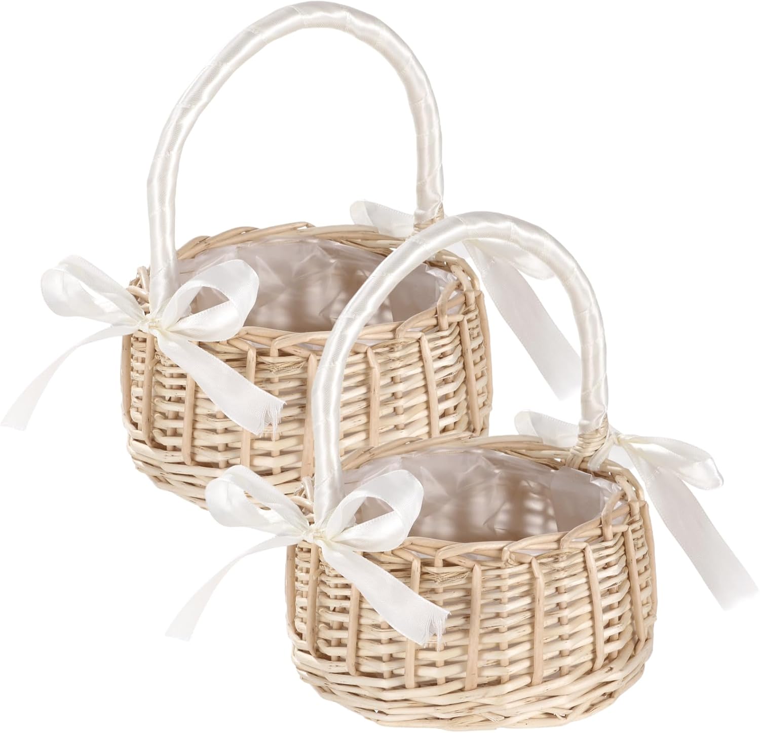 Flower Girl Basket Set of 2, Small Wicker Baskets with Handle, Rattan 6.1 X 3.9 X 8.1 in Decorative Organizer, for Weddings and Events