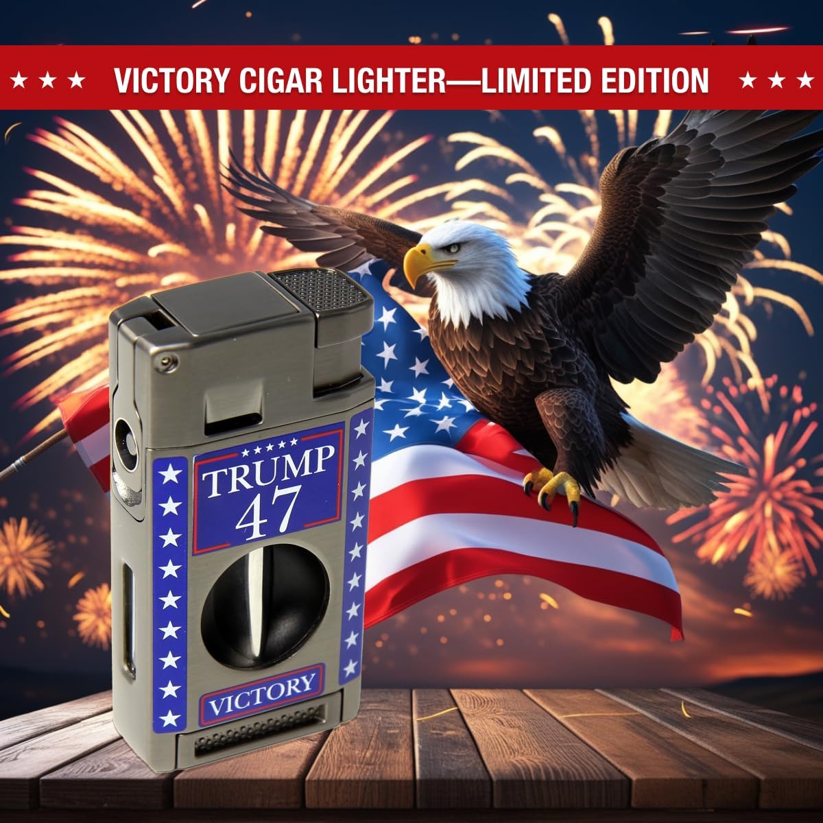 Trump 45/47 Victory Torch Lighter with V-Cutter & Punch – Dual Jet Butane Refillable Cigar Lighter, Windproof, Patriotic Collector's Edition with Display Box, Gift for Supporters